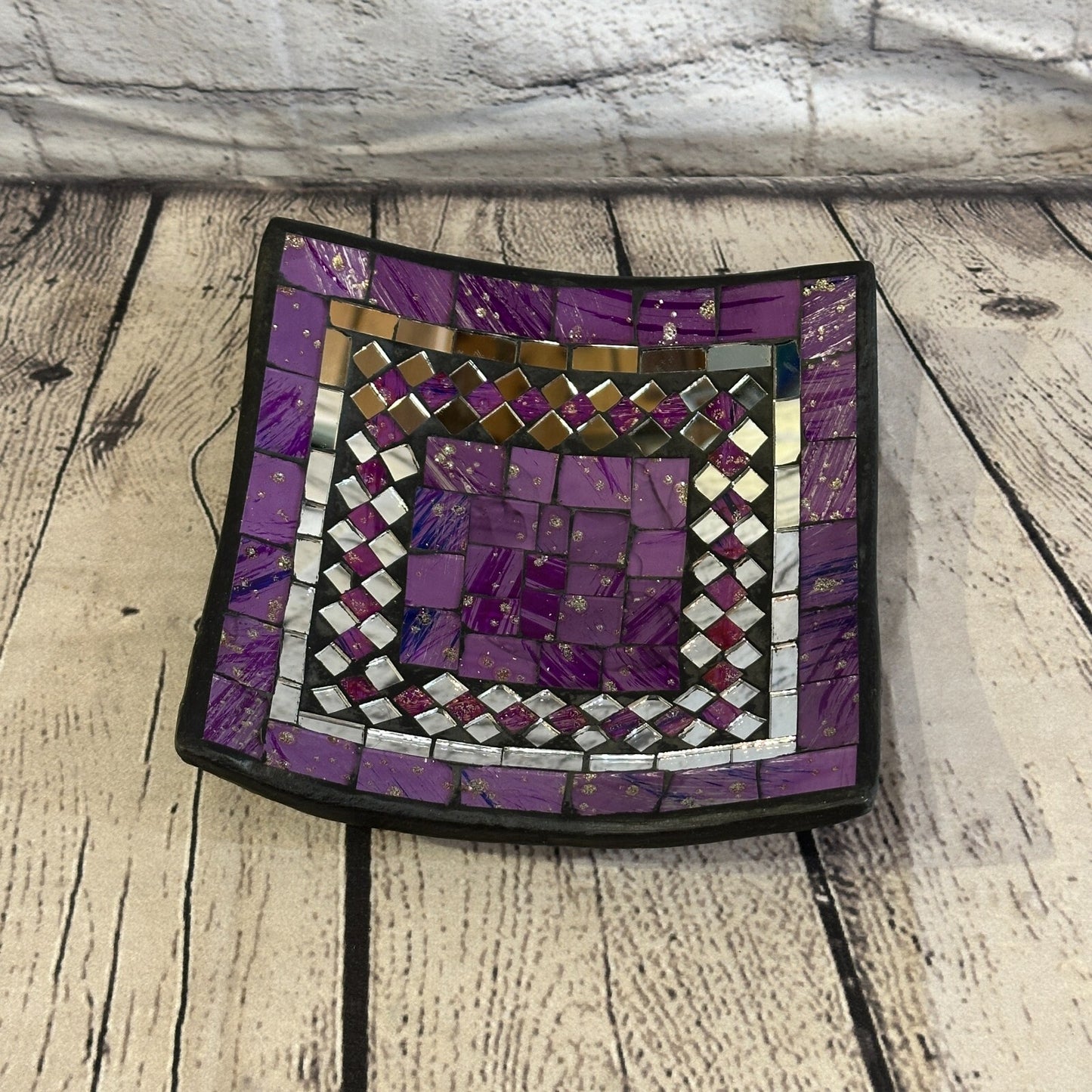20cm Purple Square Mosaic Handmade Ceramic Glass Tile Bowl Fruit