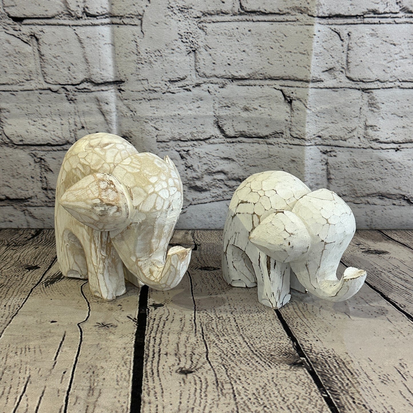 White Wooden Elephant With Shabby Pattern 10cm x 10cm Handmade and Fairtrade