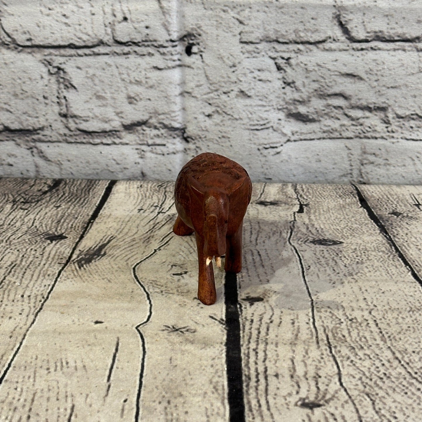 10cm x 6cm Carved Wooden Baby Elephant Wood Brown Sculpture Retro Handmade