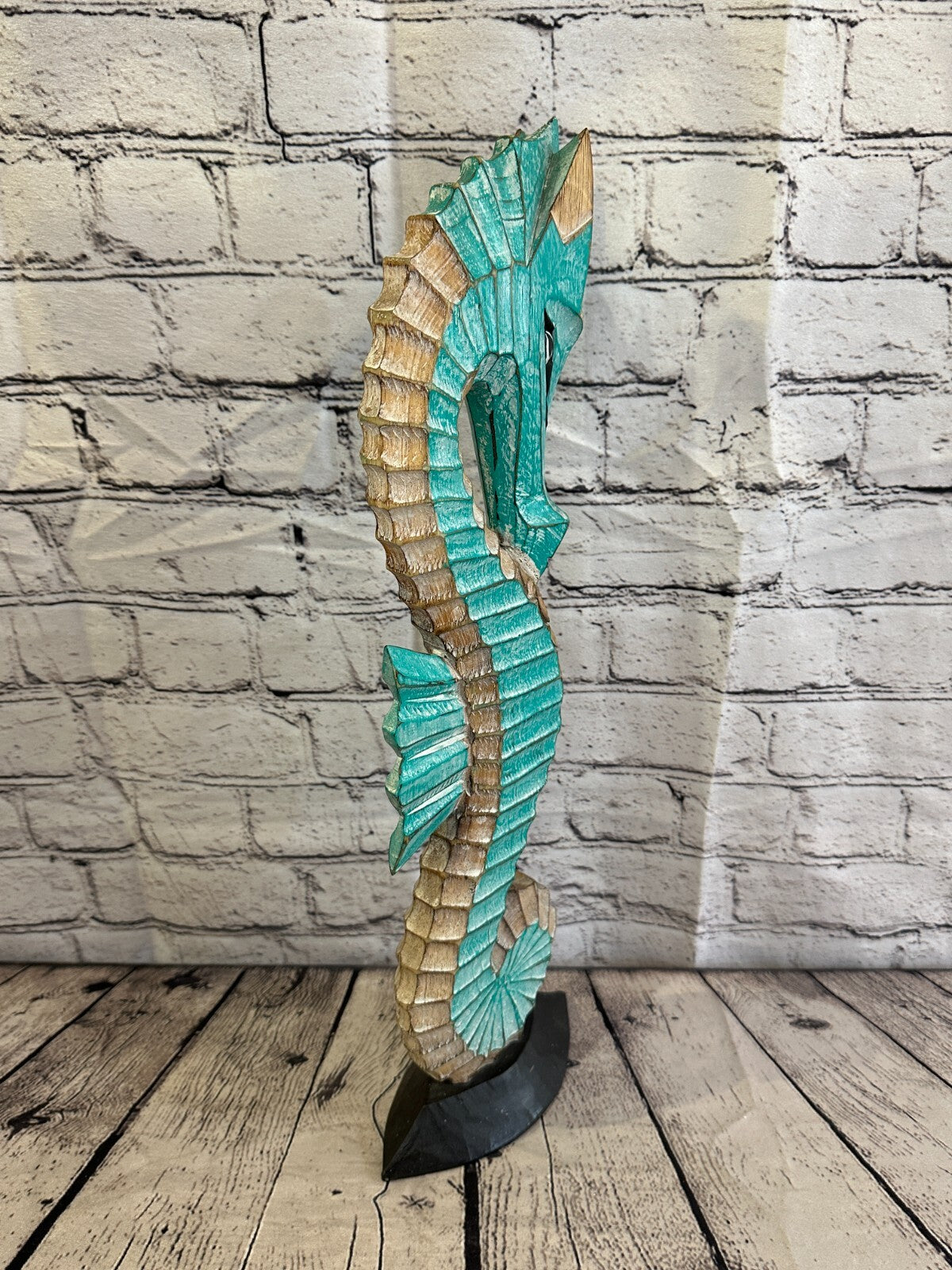 50cm Green Brown Wooden Shabby Seahorse Statue Ornament Fair Trade Handcarved