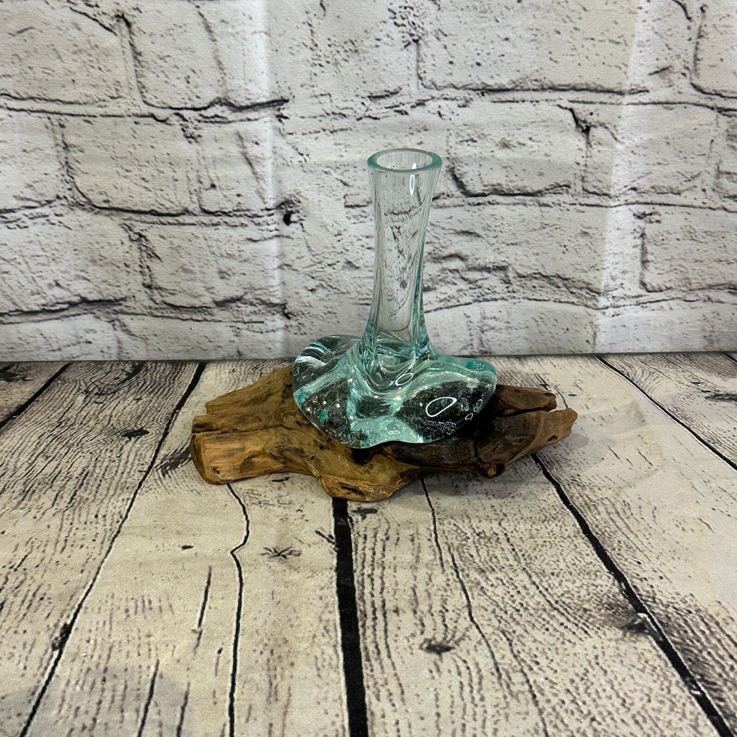15cm x 10cm Molten Glass Round Vase Natural Root Wood Base Stand Decor Ornament