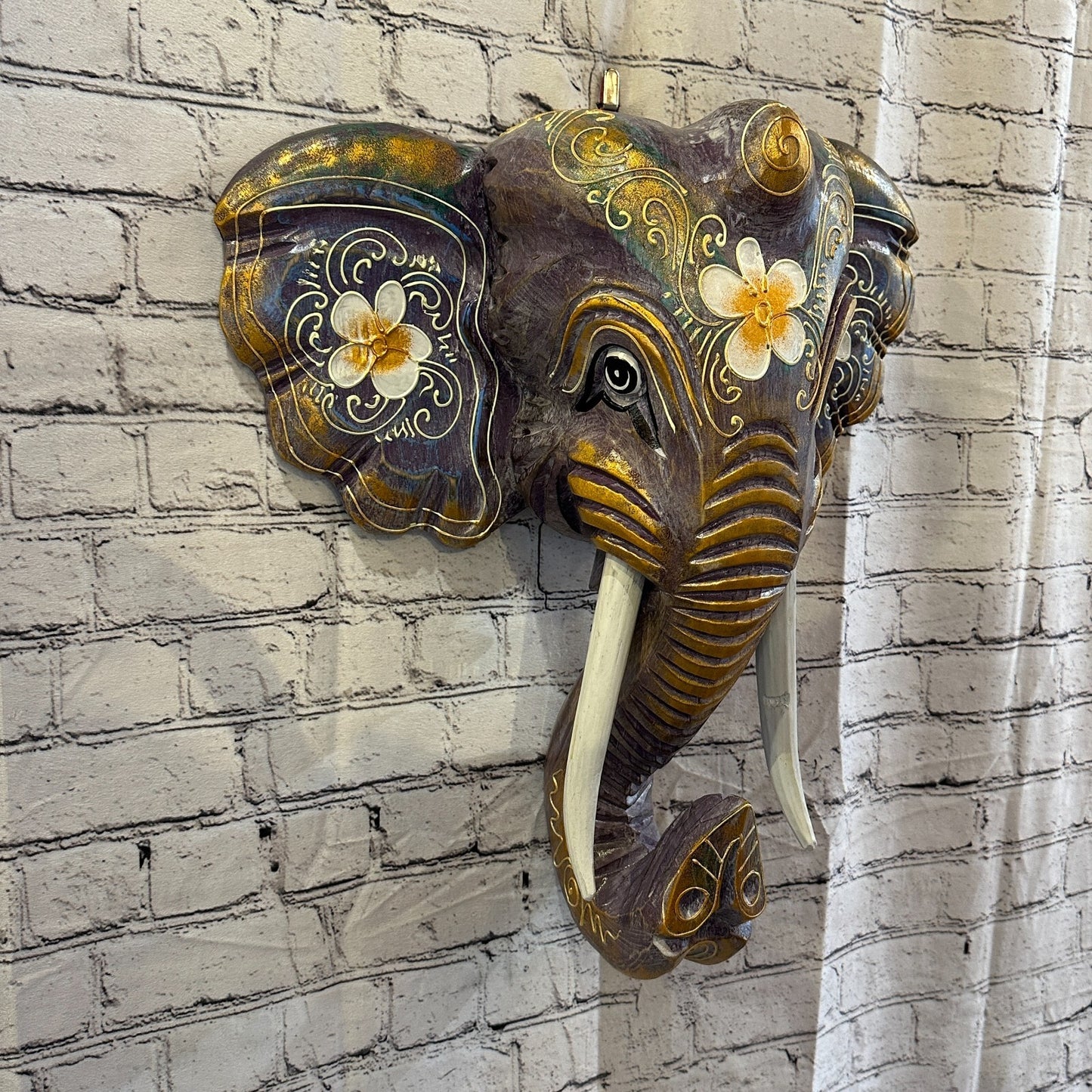 50cm x 45cm Purple Flower Painted Wood Elephant Head Wall Mounted Art Shabby
