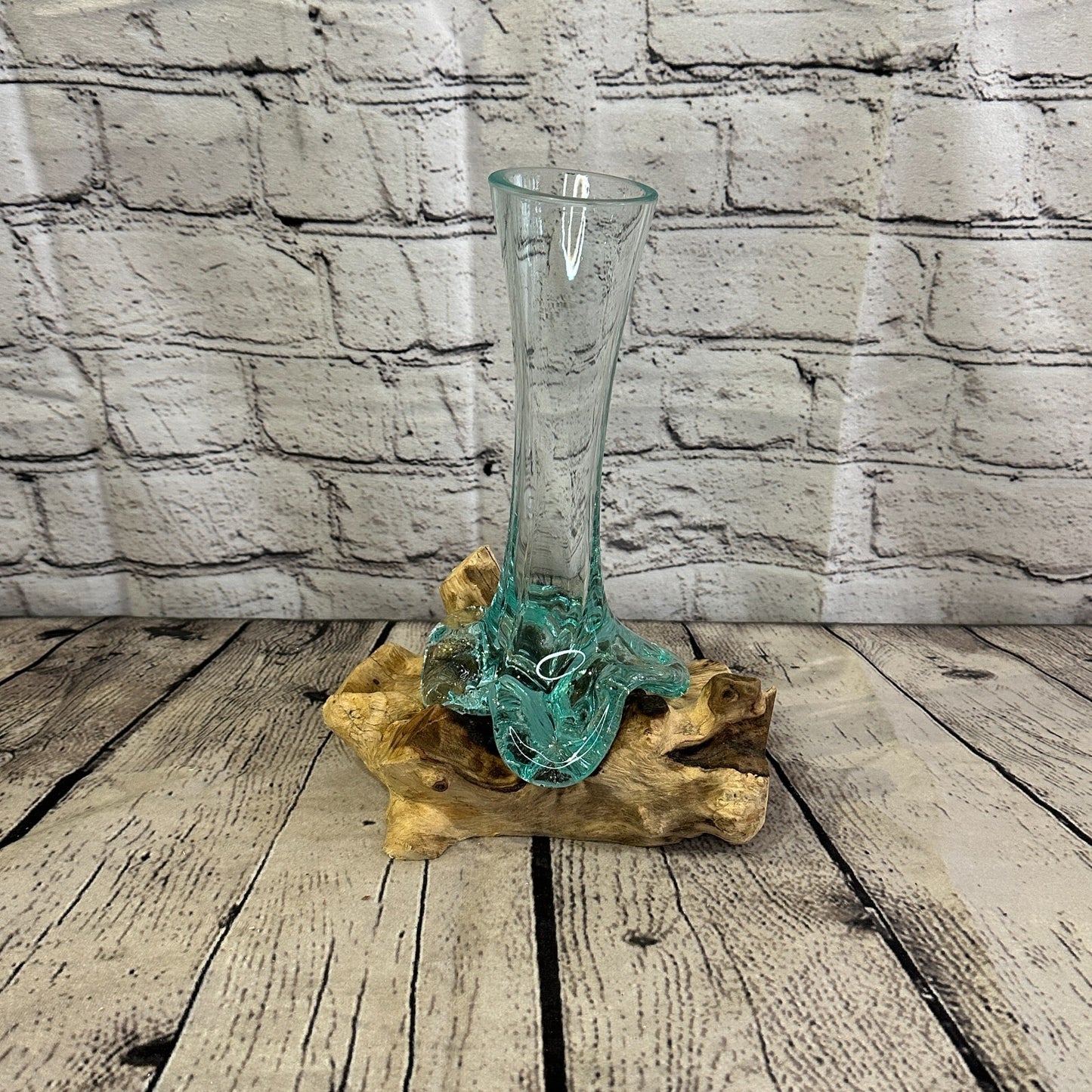 25cm x 15cm Molten Glass Round Vase Natural Root Wood Base Stand Decor Ornament
