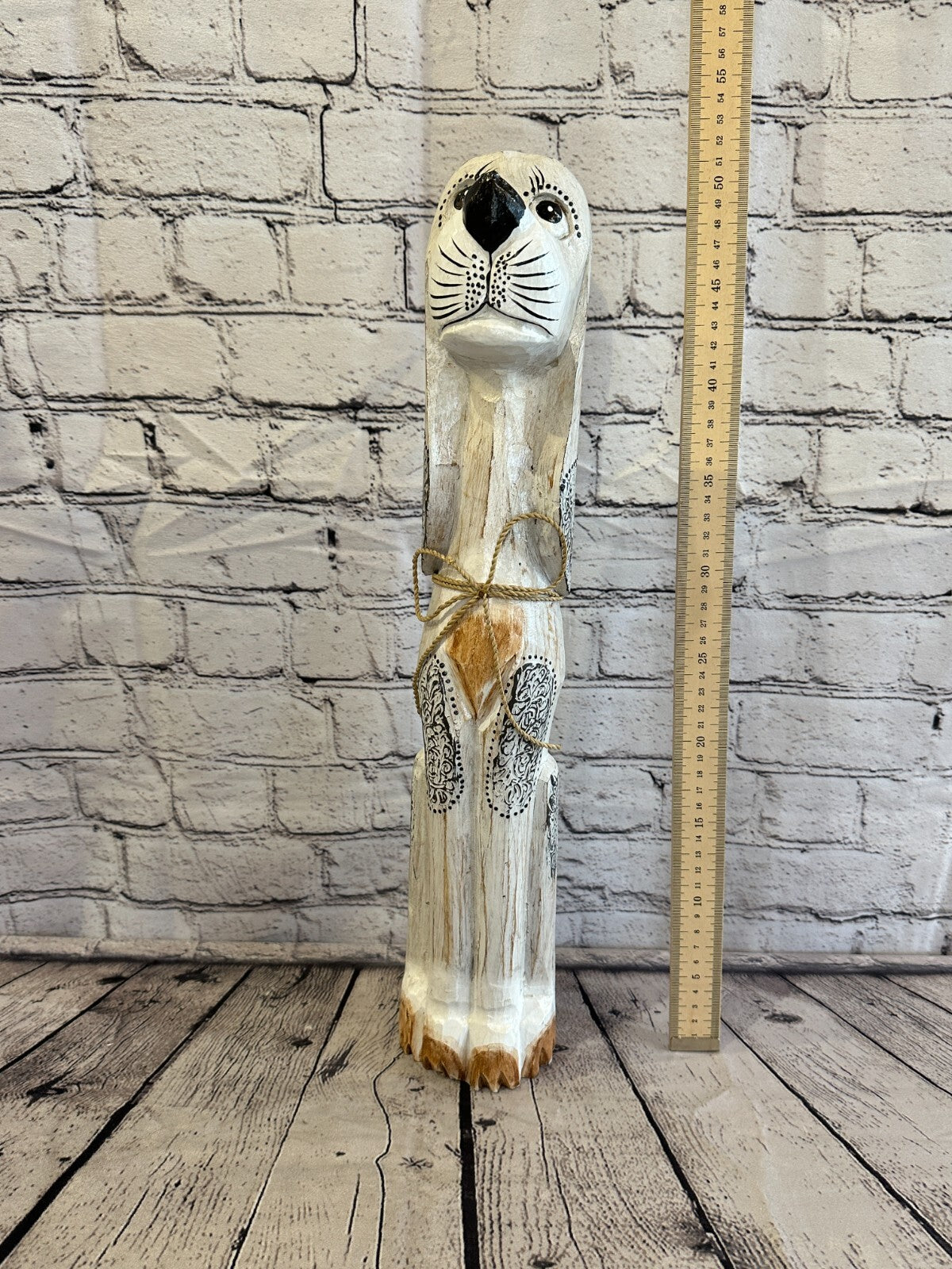 50cm White Flower Wooden Shabby Dog Statue Ornament Fair Trade Handcarved