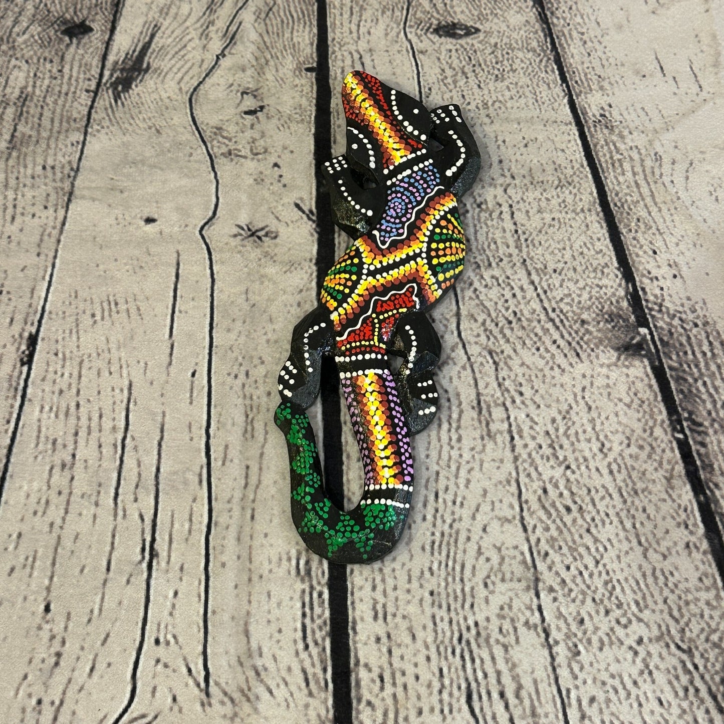 20cm Gecko Carved Wooden Dot Painted Ethnic Tribal Tiki Wall Handmade No 7