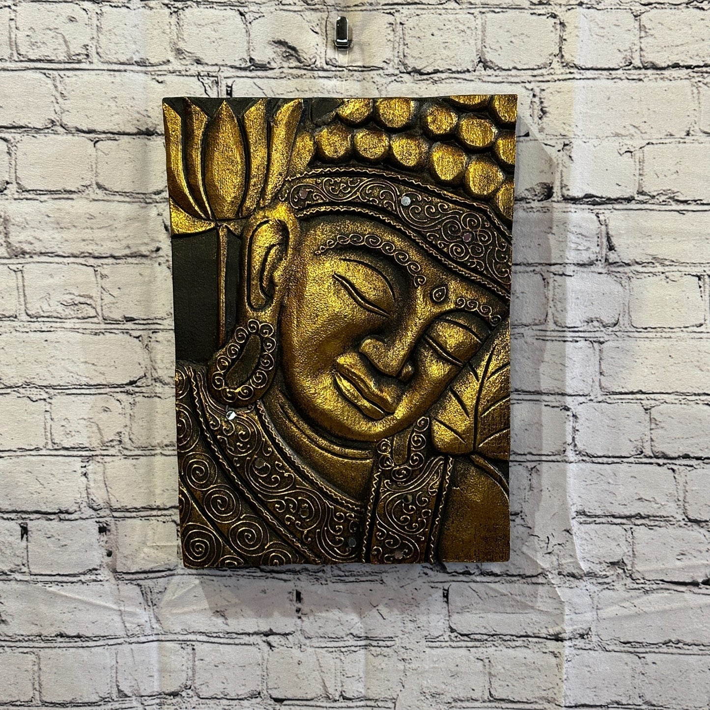 Wooden Wood Panel 40cm Brown Gold Buddha Tall Lotus Wall Art Plaque Handcarved