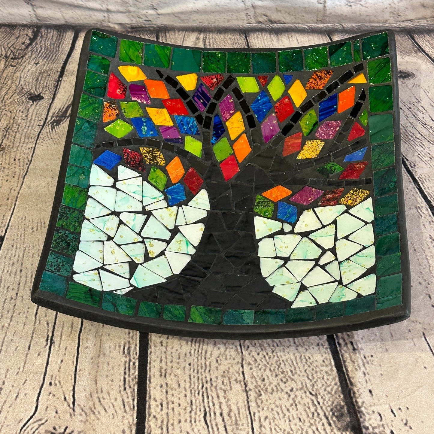 25cm Rainbow Tree Of Life Square Mosaic Handmade Ceramic Glass Tile Bowl Fruit
