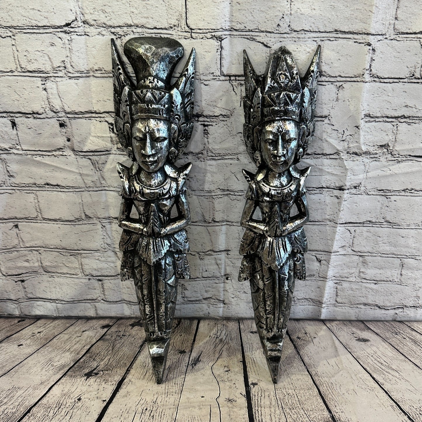 Silver Antique Colour Sita Dewi Bali Rice Goddess Wings Mermaid Wood 50cm Pair