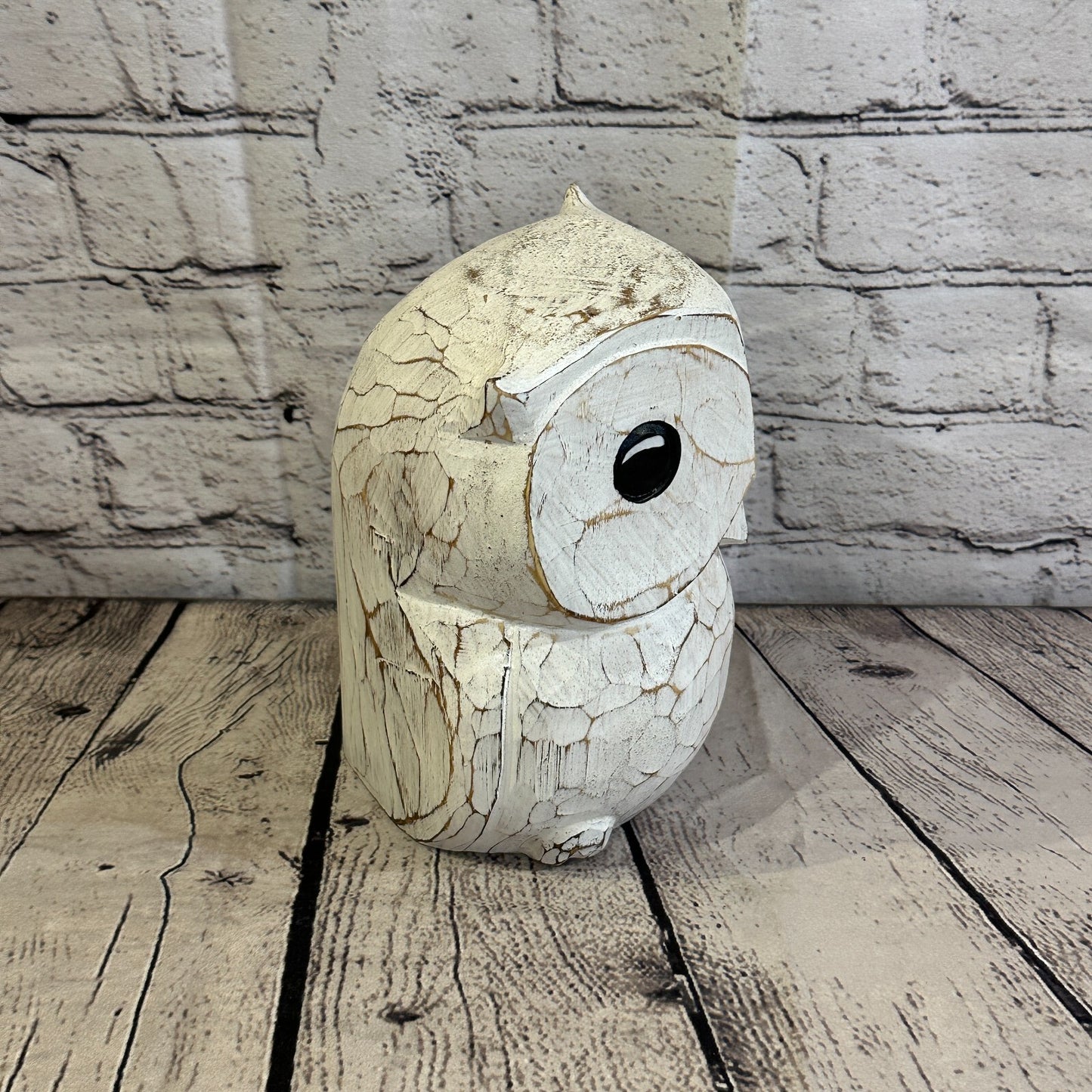 20cm x 15cm White Flower Wooden Shabby Owl Statue Ornament Fair Trade Handcarved