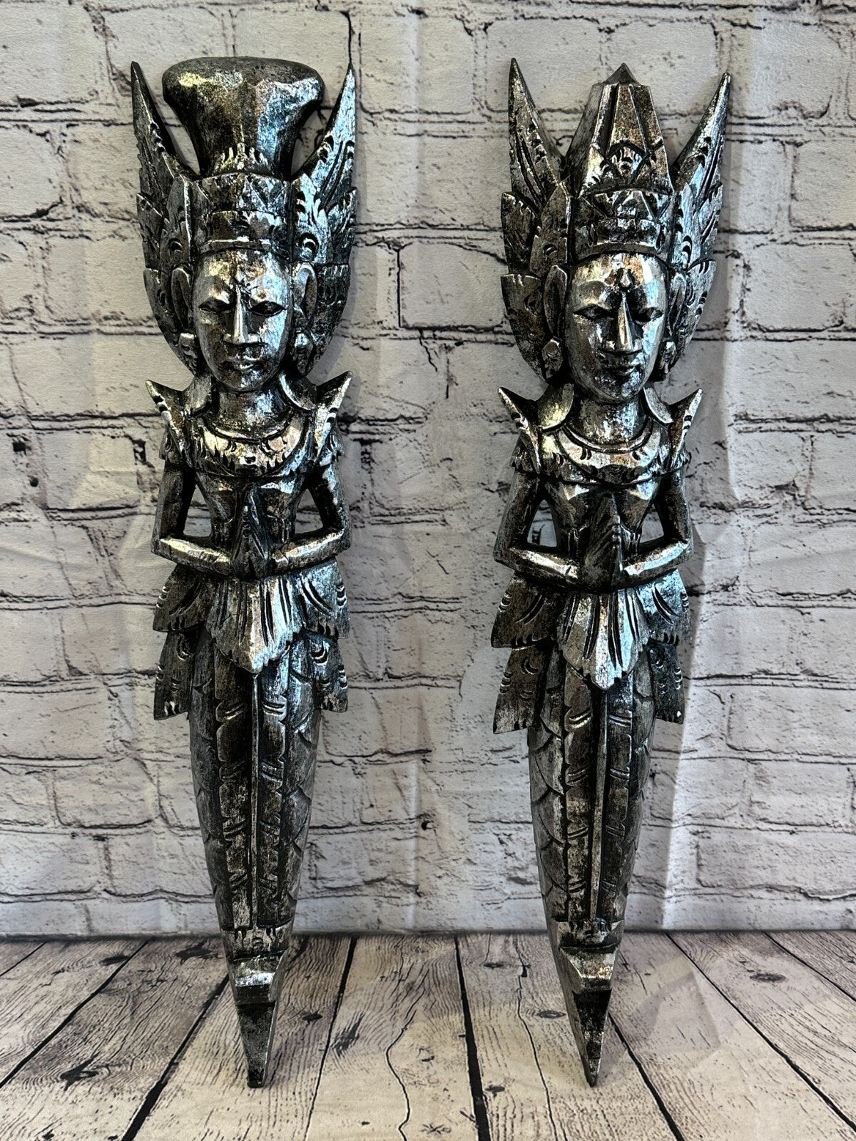 Silver Antique Colour Sita Dewi Bali Rice Goddess Wings Mermaid Wood 60cm Pair
