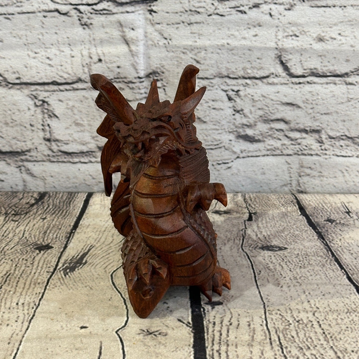12cm x 10cm Dark Wooden Standing Dragon Carving Hand Carved Wing Back Dragon