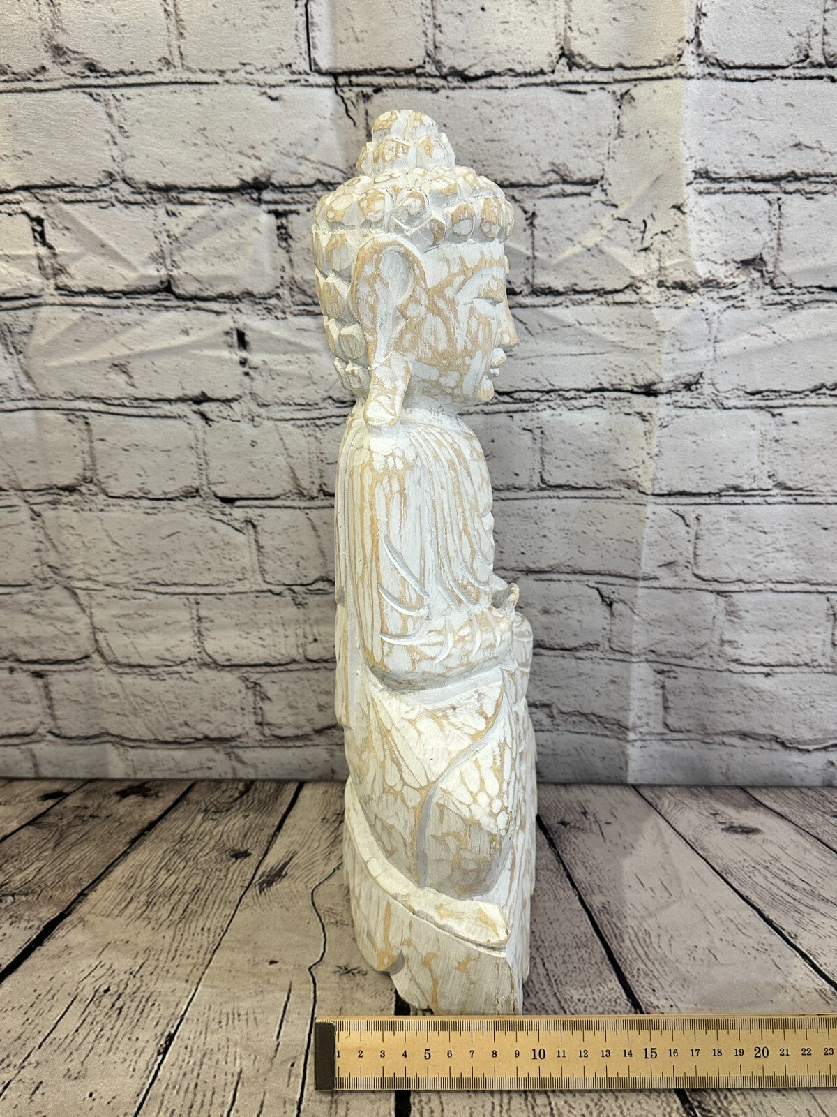 40cm x 20cm White Buddha Wooden Standing Statue Figurine Ornament Fair Trade