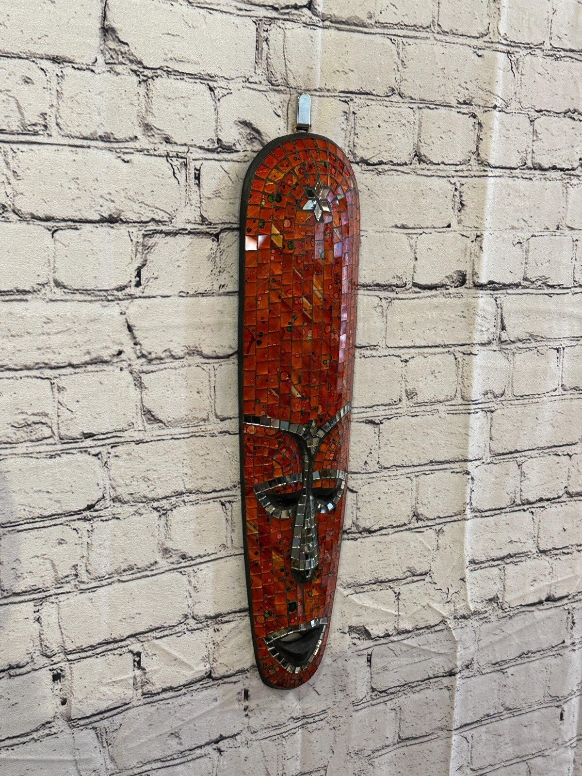 50cm Orange Mosaic Mirror Mask Carved Painted Ethnic Tribal Wall Art Handmade