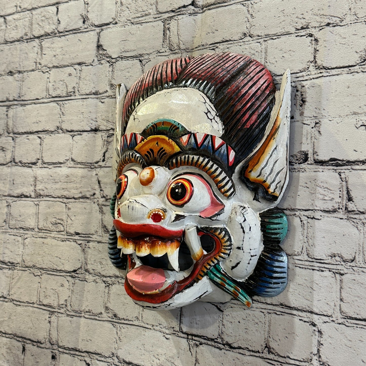Large Wooden White Barong Wall Mask 30cm x 25cm Handmade And Fairtrade