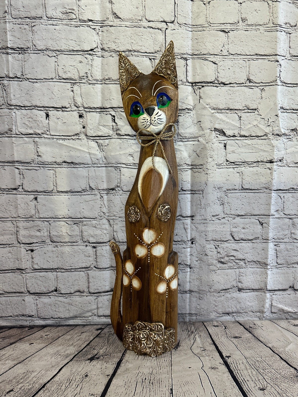 60cm Brown Swirl Flower Wooden Shabby Cat Statue Ornament Fair Trade Handcarved