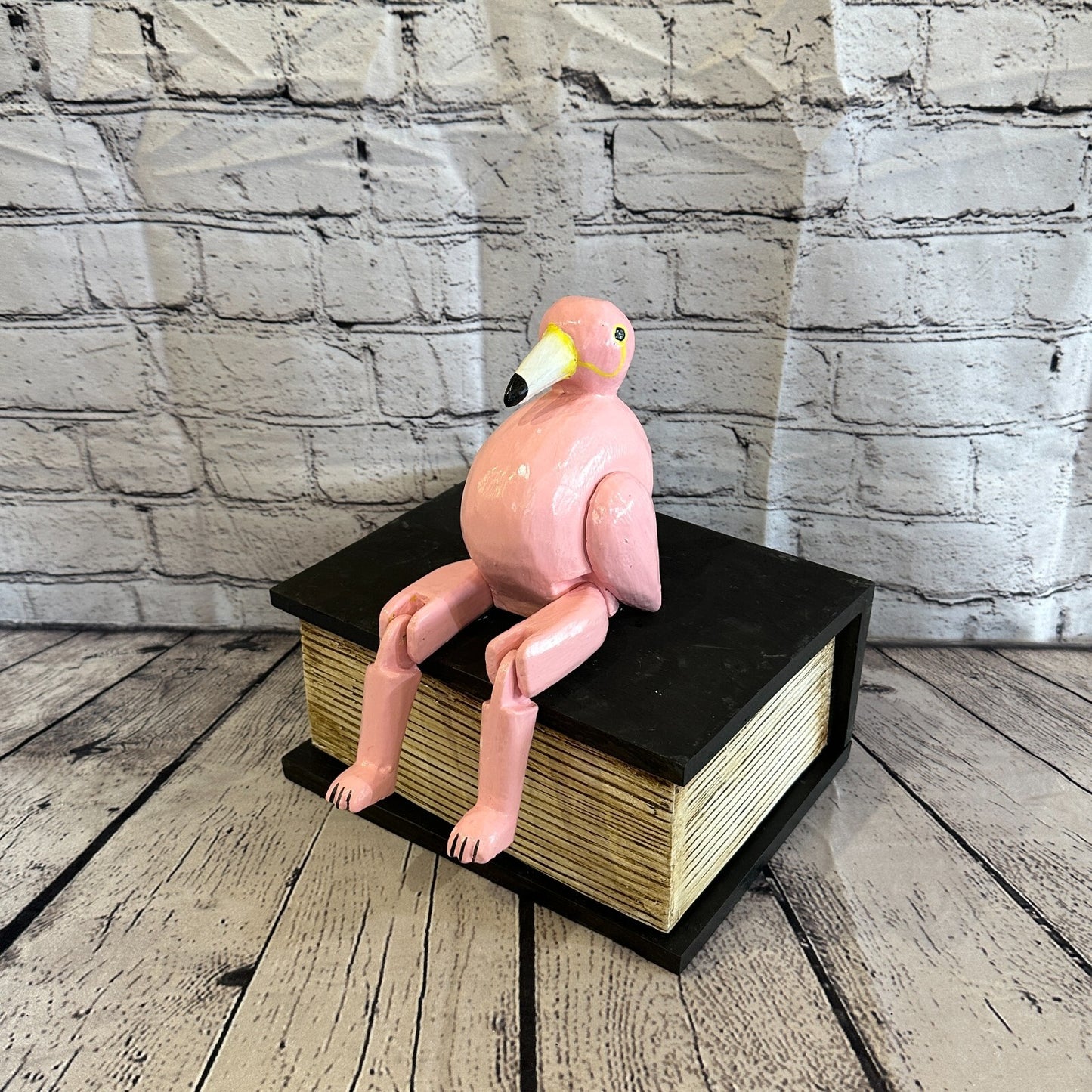 20cm Pink Flamingo Sitting Animal, Wooden Shelf Ornament Handmade & Fairtrade