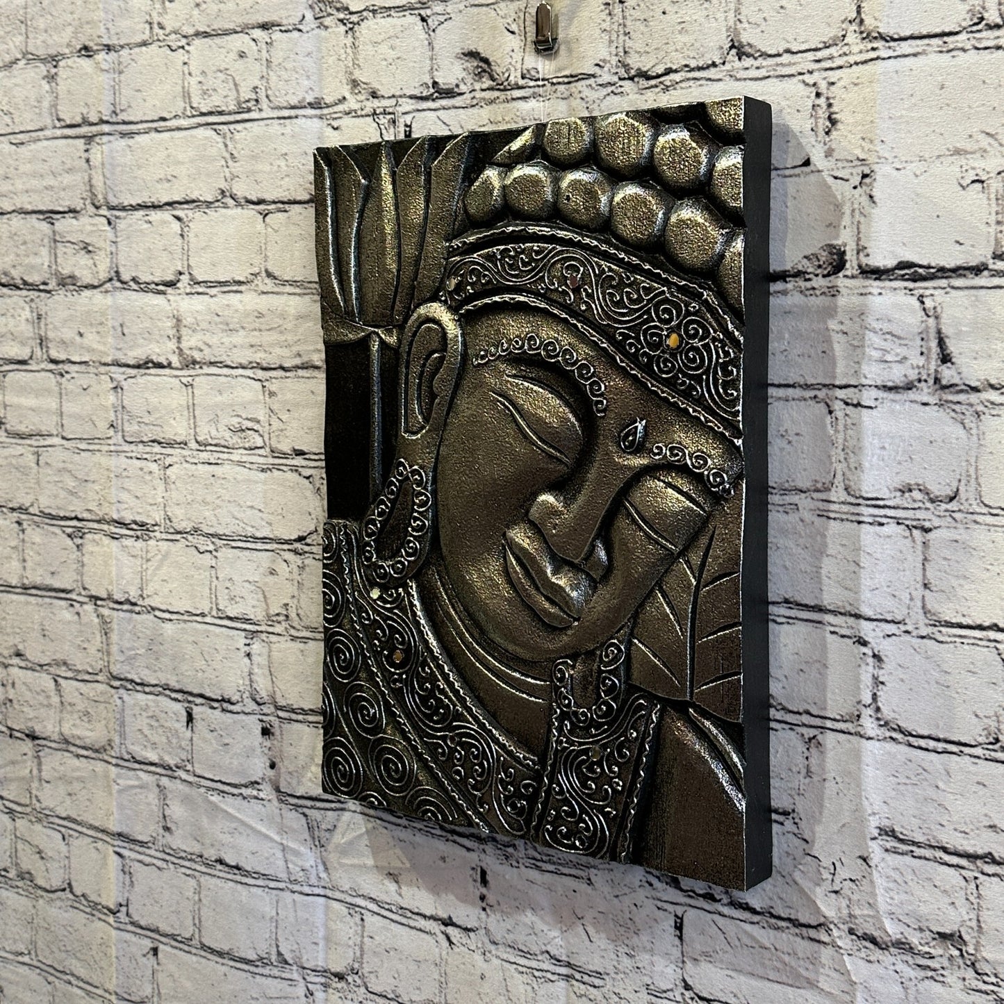 Wooden Wood Panel 40cm Brown Silver Buddha Tall Lotus Wall Art Plaque Handcarved