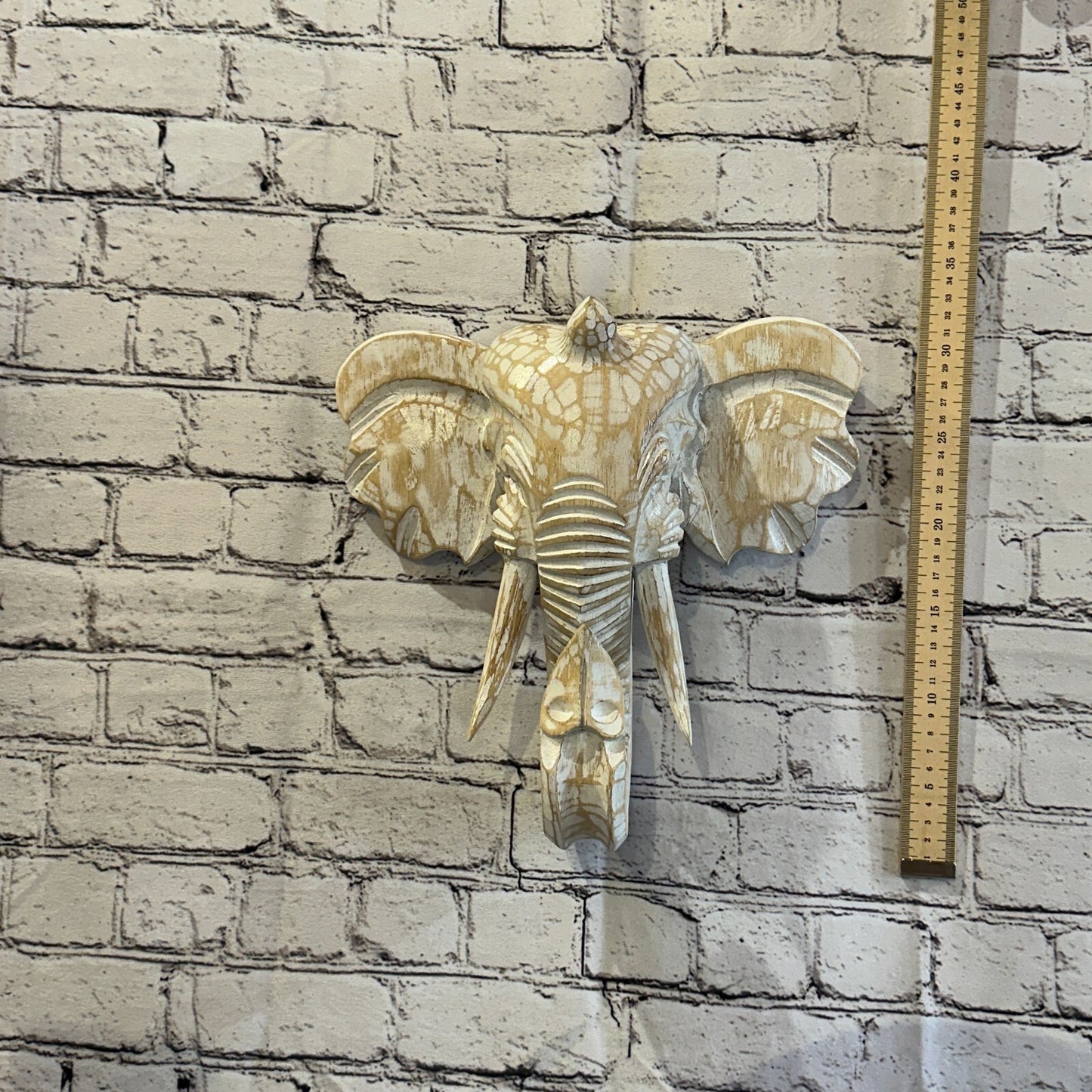 30cm x 30cm Cream White Carved Wood Elephant Head Wall Mounted Art Large Shabby