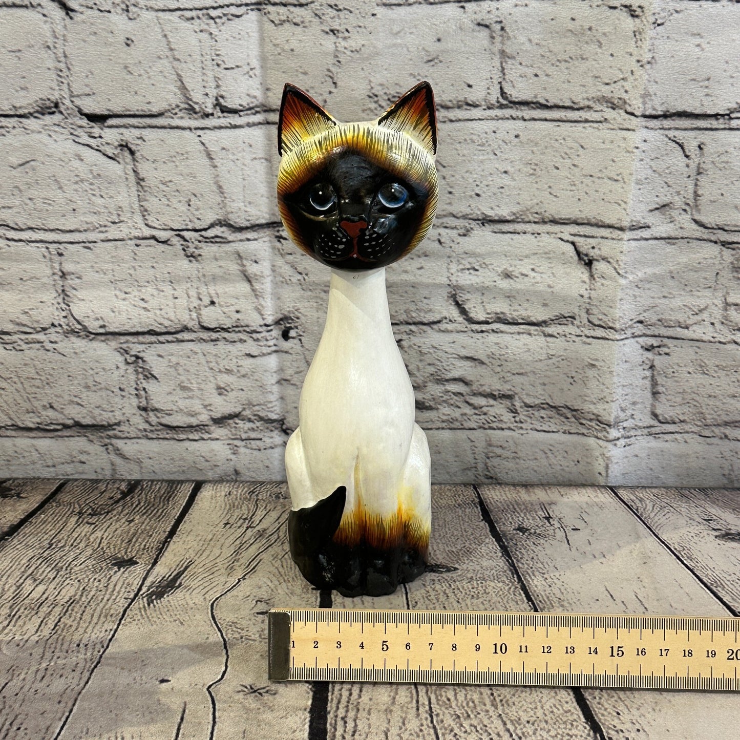 25cm x 7cm Siamese Sitting Bobble Style Painted Wooden Hand Carved Cat Wooden