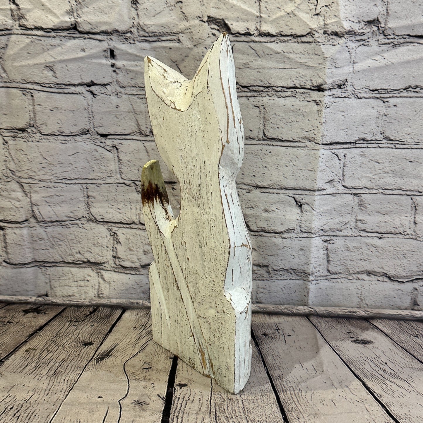 35cm x 15cm White Flower Wooden Shabby Cat Statue Ornament Fair Trade Handcarved