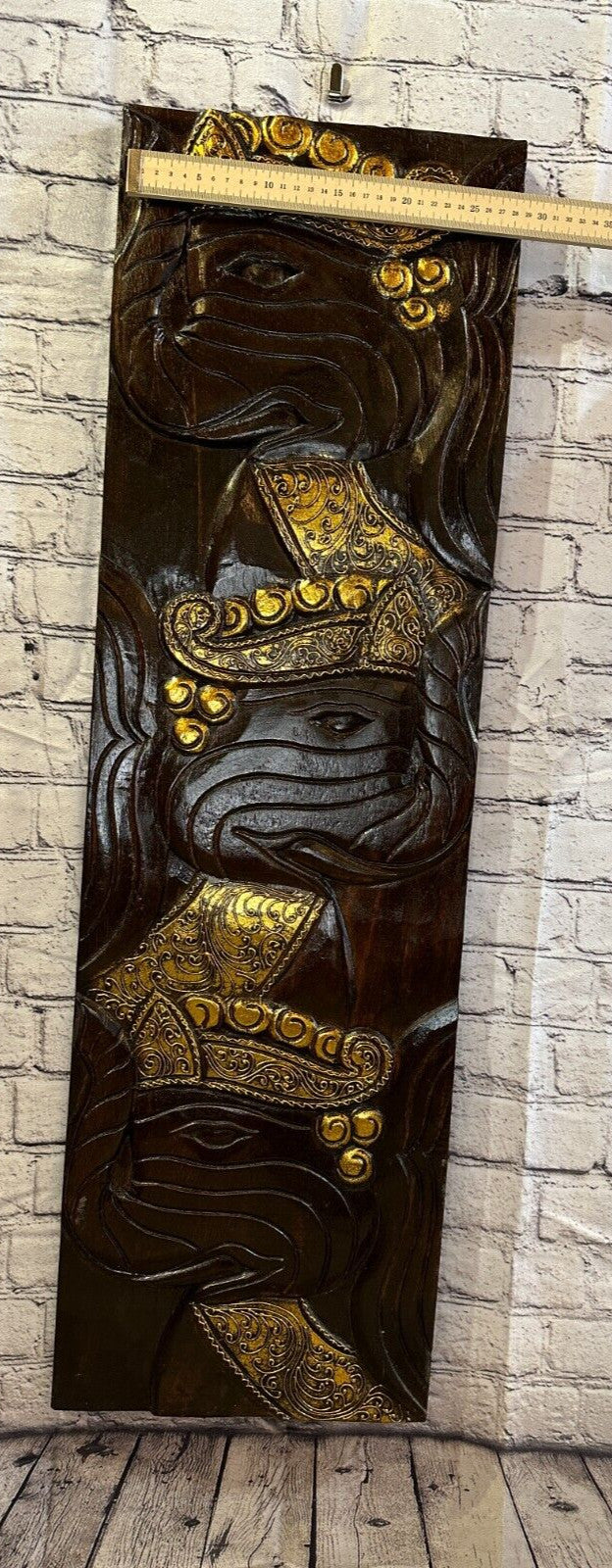 100cm x 30cm Elephants Brown Silver Wooden Wood Panel Wall Art Plaque Handcarved