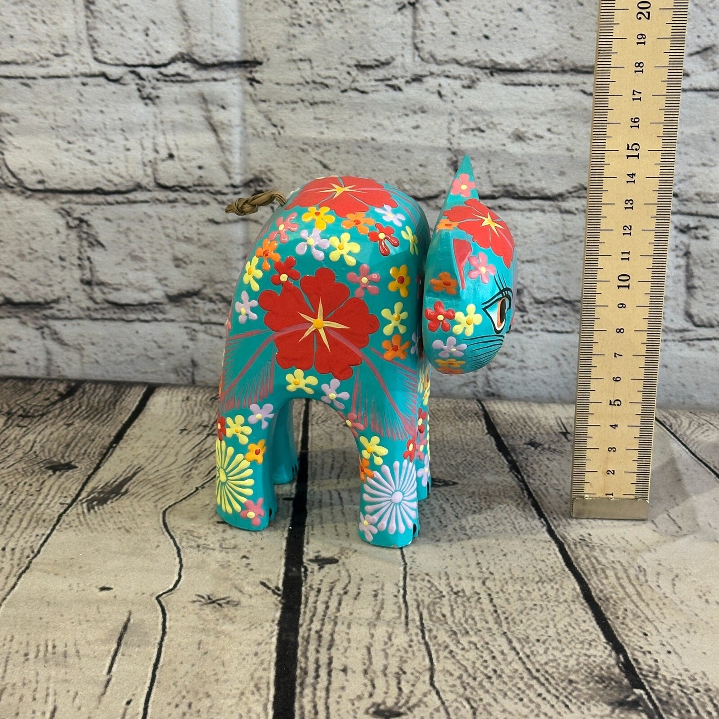Blue Large Wooden Cat With Flower Pattern 15cm x 10cm Handmade and Fairtrade