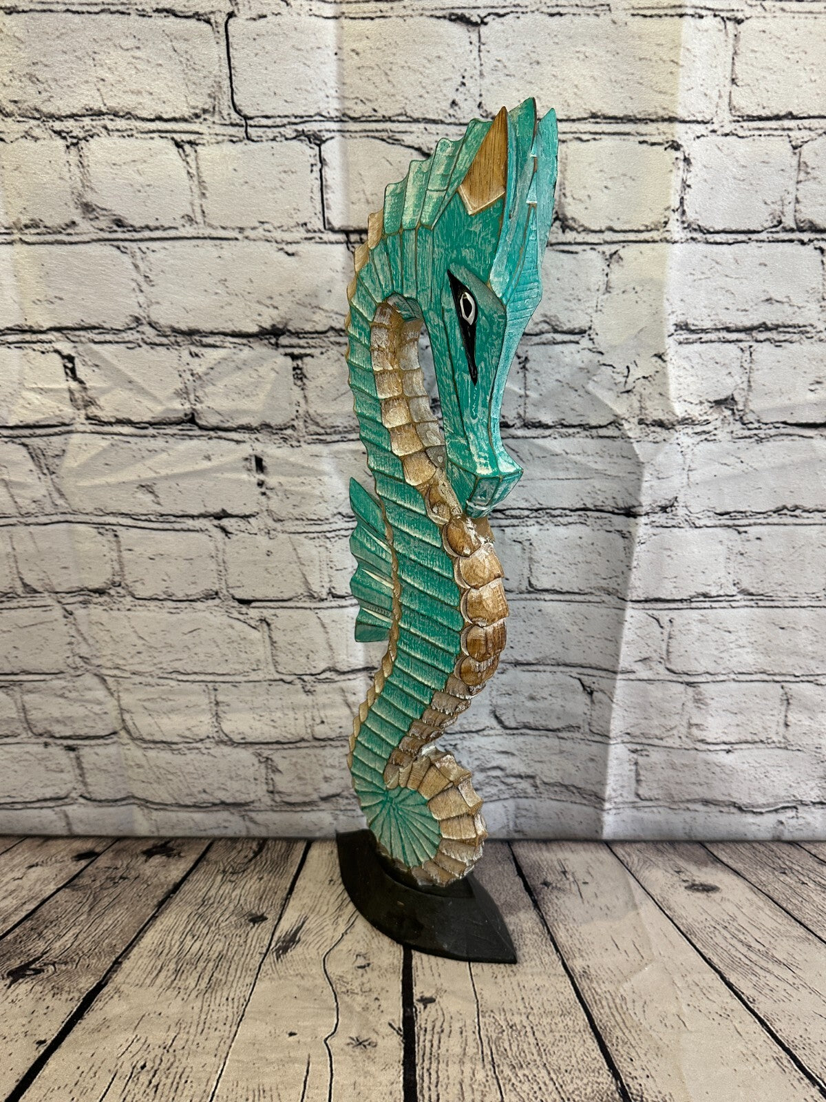 50cm Green Brown Wooden Shabby Seahorse Statue Ornament Fair Trade Handcarved