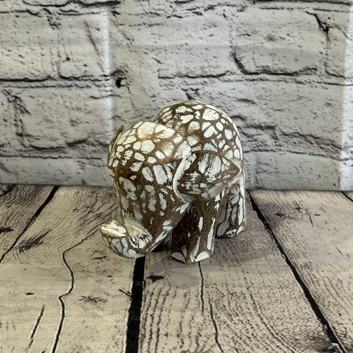 Brown Wooden Elephant With Shabby Pattern 10cm x 10cm Handmade and Fairtrade