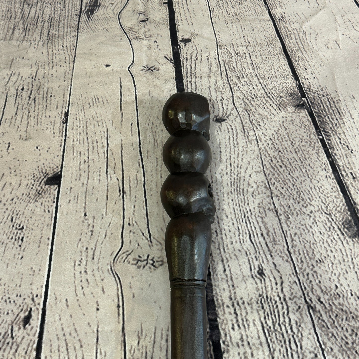 Pillar Three Skulls 90cm Tribal African Walking Stick Cane Hand Carved Dark Wood
