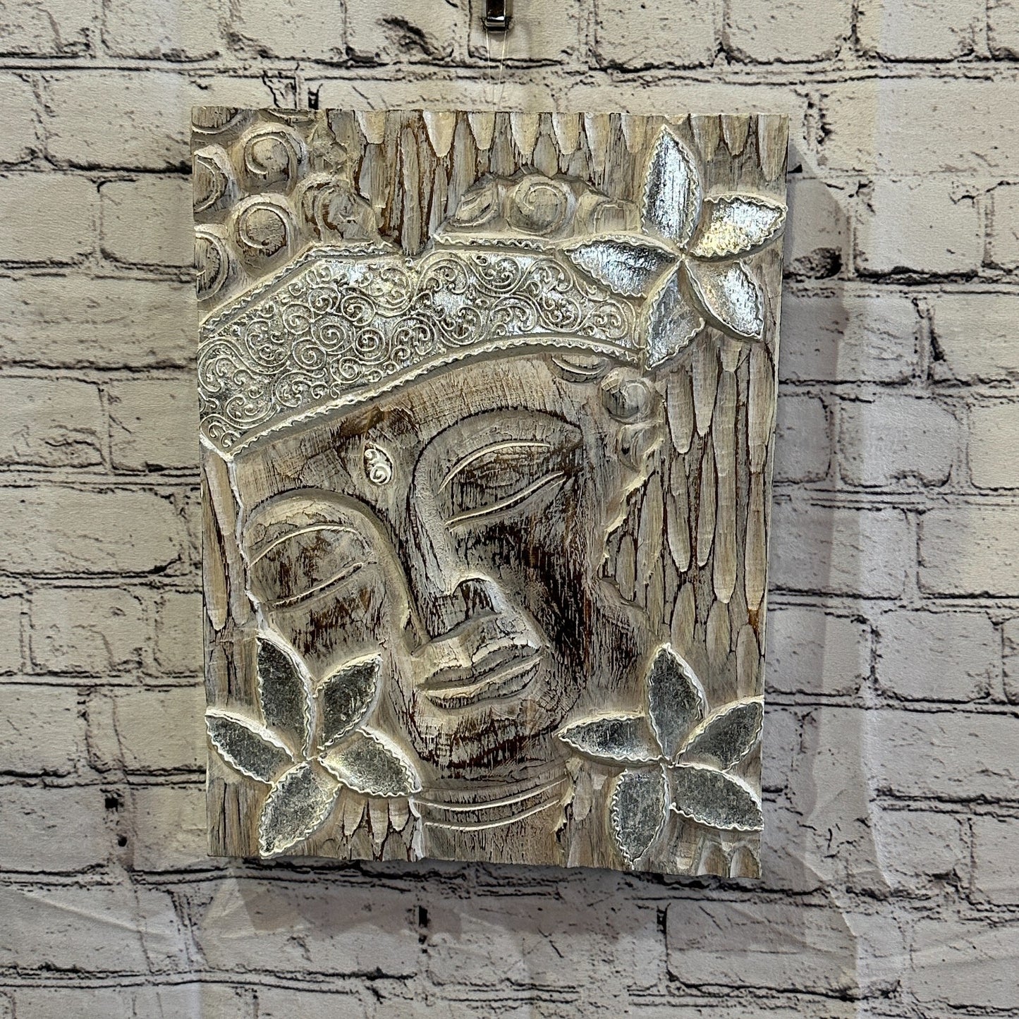 Wooden Wood Panel 40cm Brown White Buddha Hibiscus Wall Art Plaque Handcarved