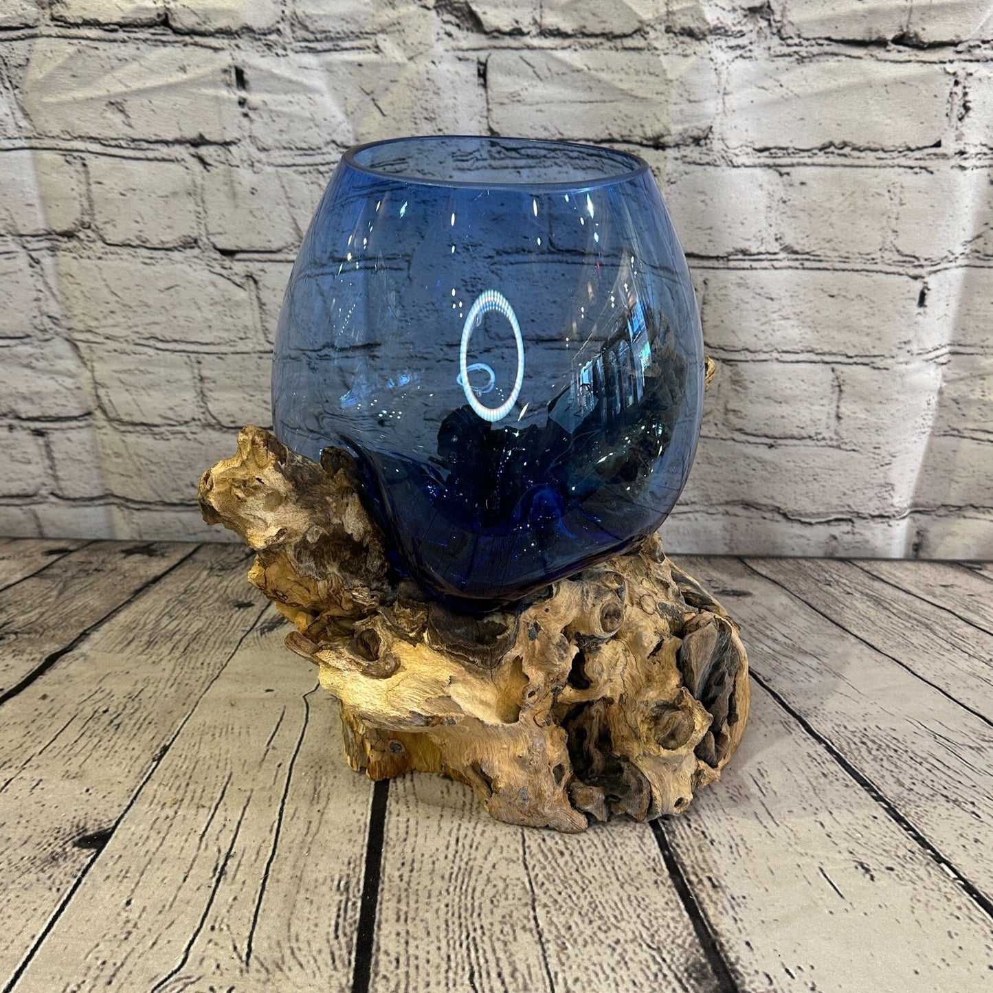 30cm Blue Molten Glass Round Bowl Natural Root Wood Base Stand Decor Ornament