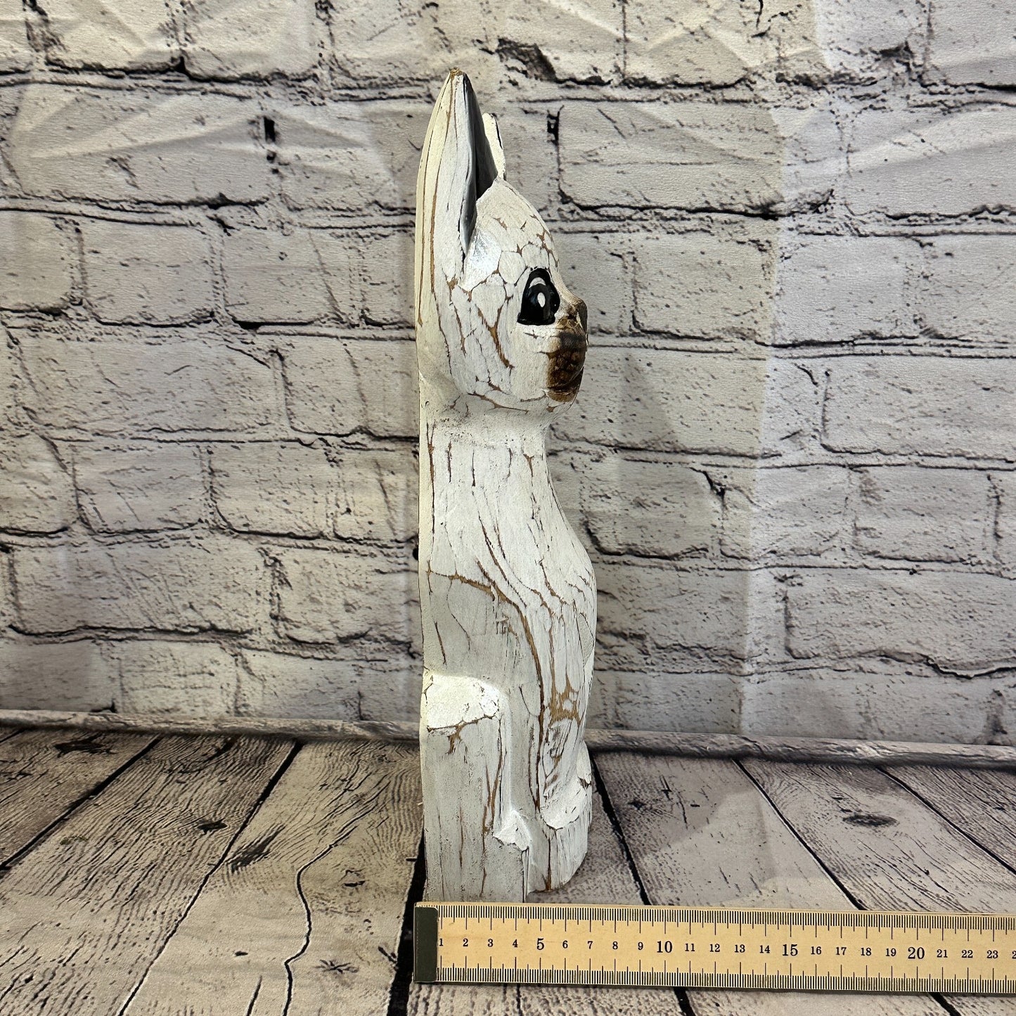 35cm x 15cm White Flower Wooden Shabby Cat Statue Ornament Fair Trade Handcarved