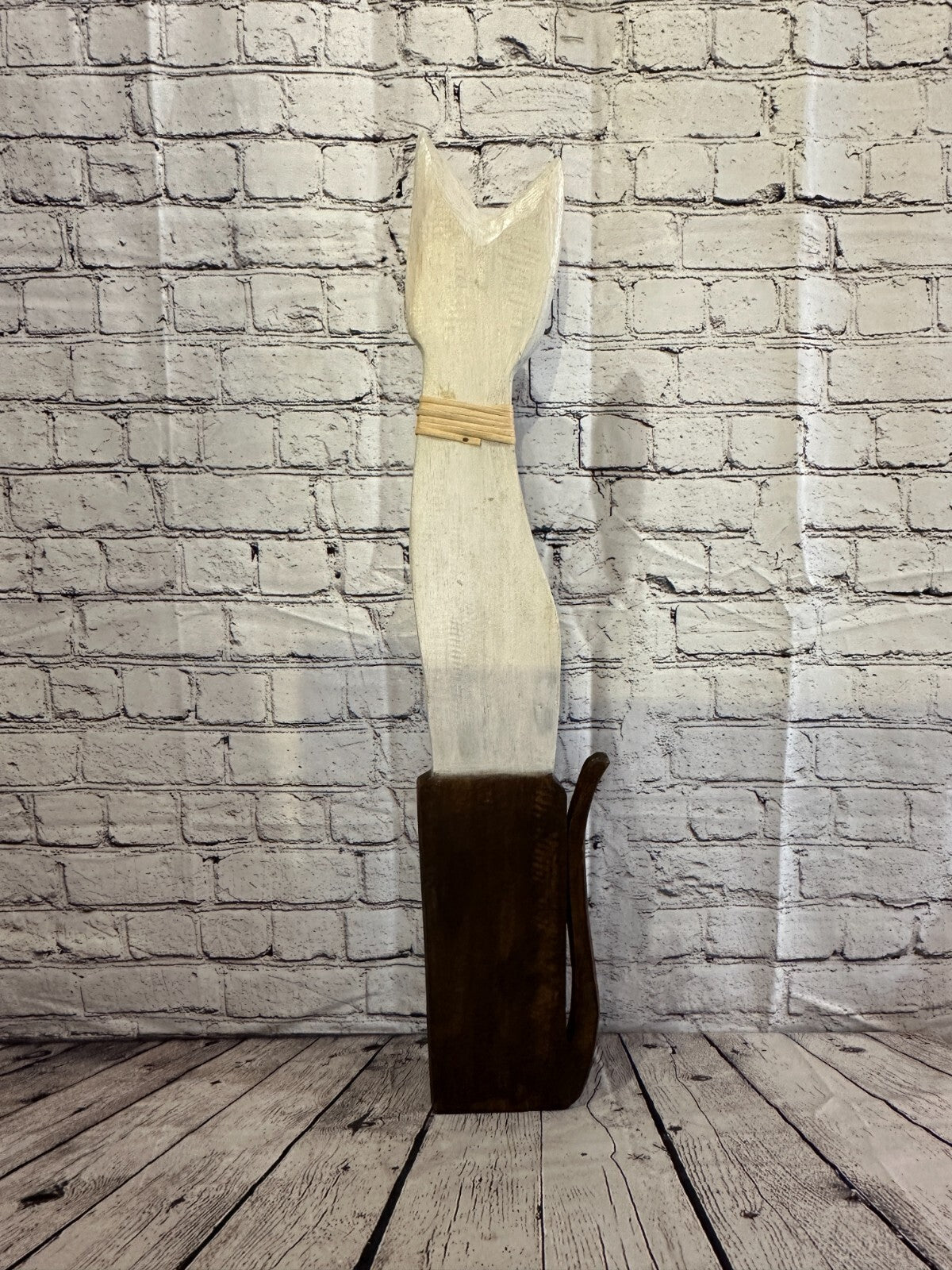 80cm Brown White Flower Wooden Shabby Cat Statue Ornament Fair Trade Handcarved