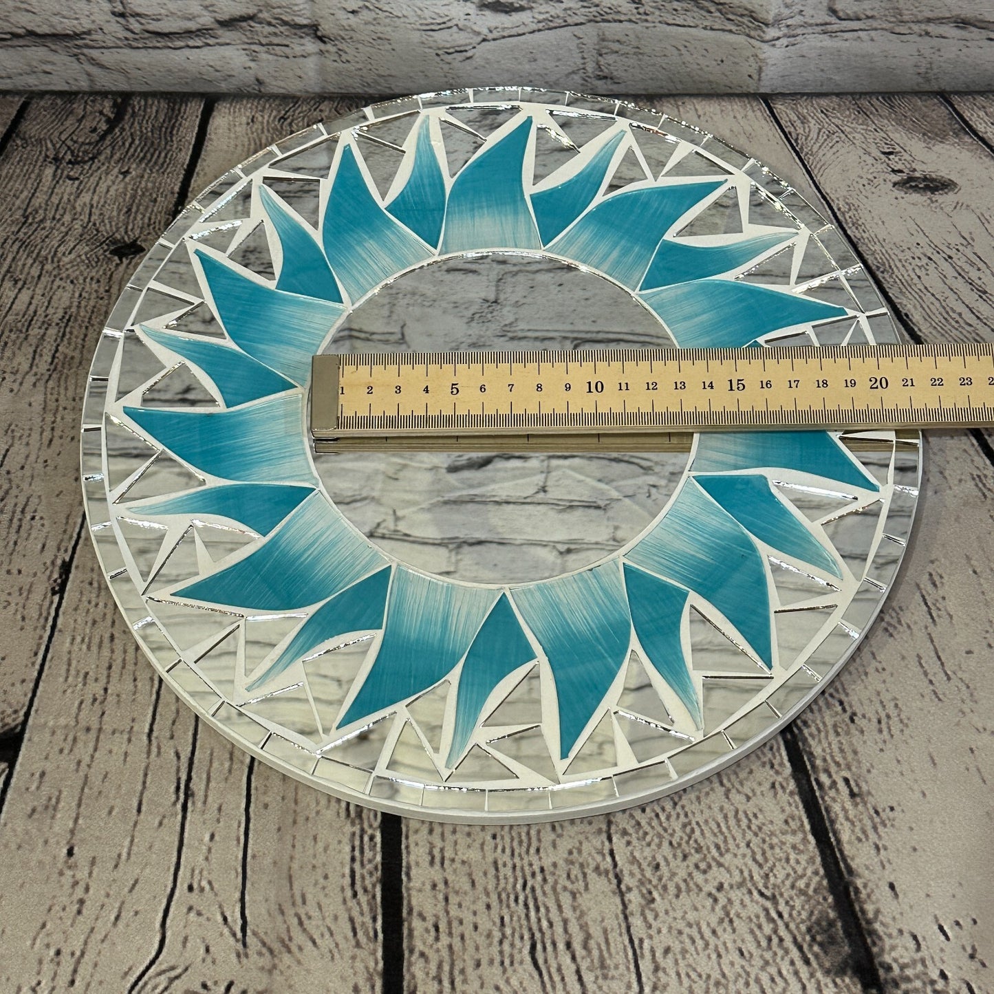 Turquoise Blue Flame Sun Mosaic Tile Wall Mirror 30cm x 30cm 12 Inches Handmade