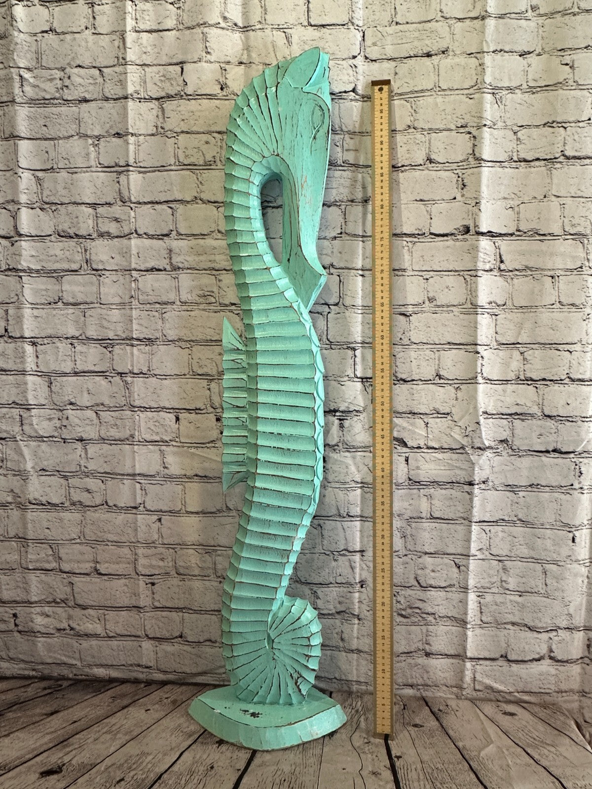 100cm Green Plain Wooden Shabby Seahorse Statue Ornament Fair Trade Handcarved