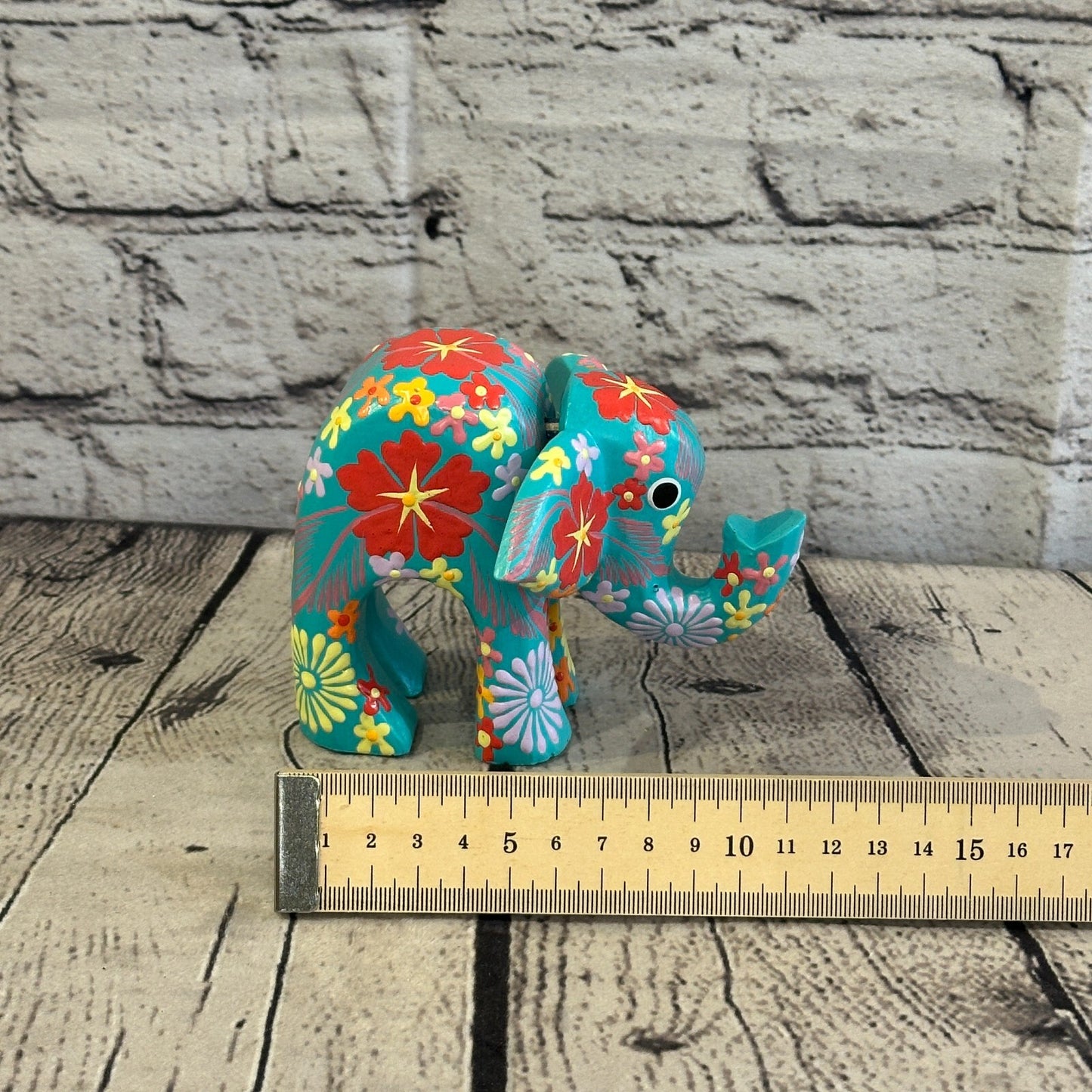 Blue Wooden Elephant With Flower Pattern 10cm x 12cm Handmade and Fairtrade