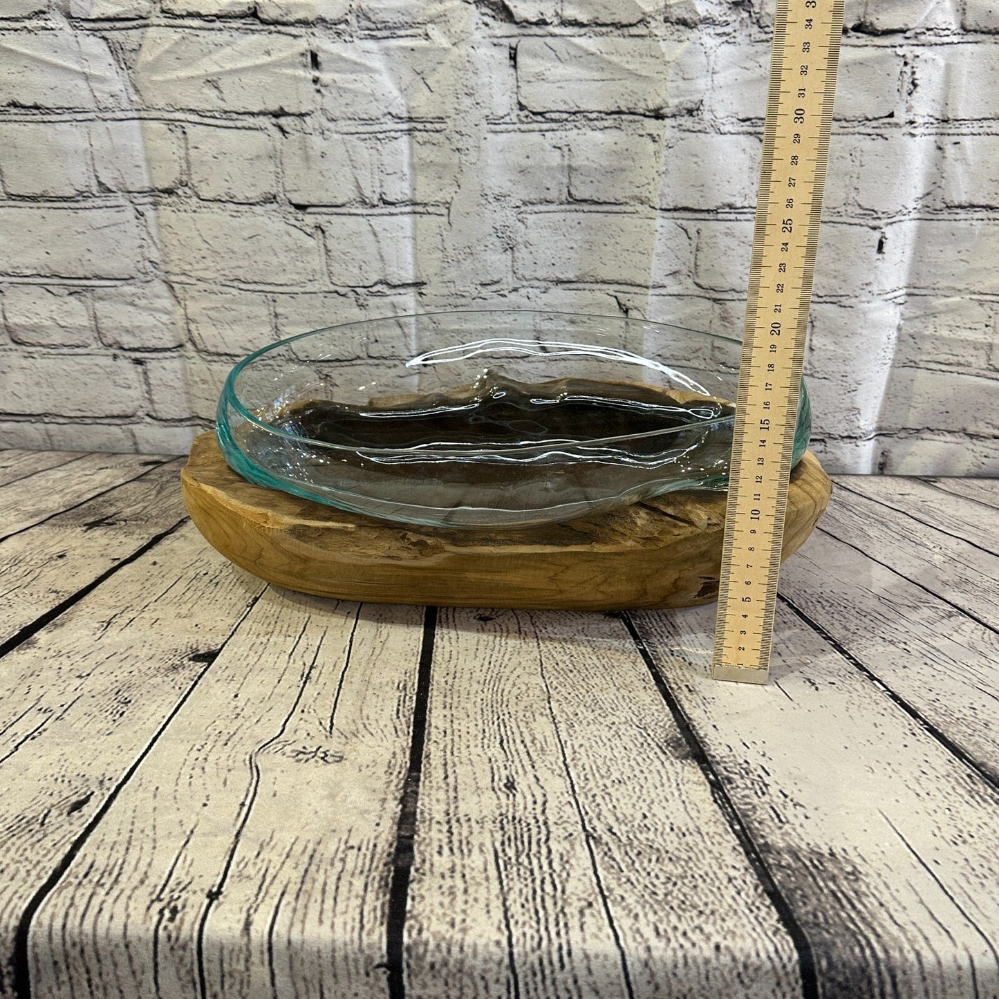 15cm x 40cm Molten Glass Round Bowl Natural Root Wood Base Stand Decor Ornament
