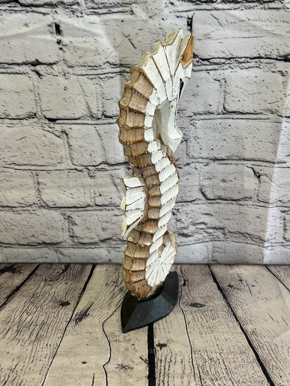 30cm White Brown Wooden Shabby Seahorse Statue Ornament Fair Trade Handcarved
