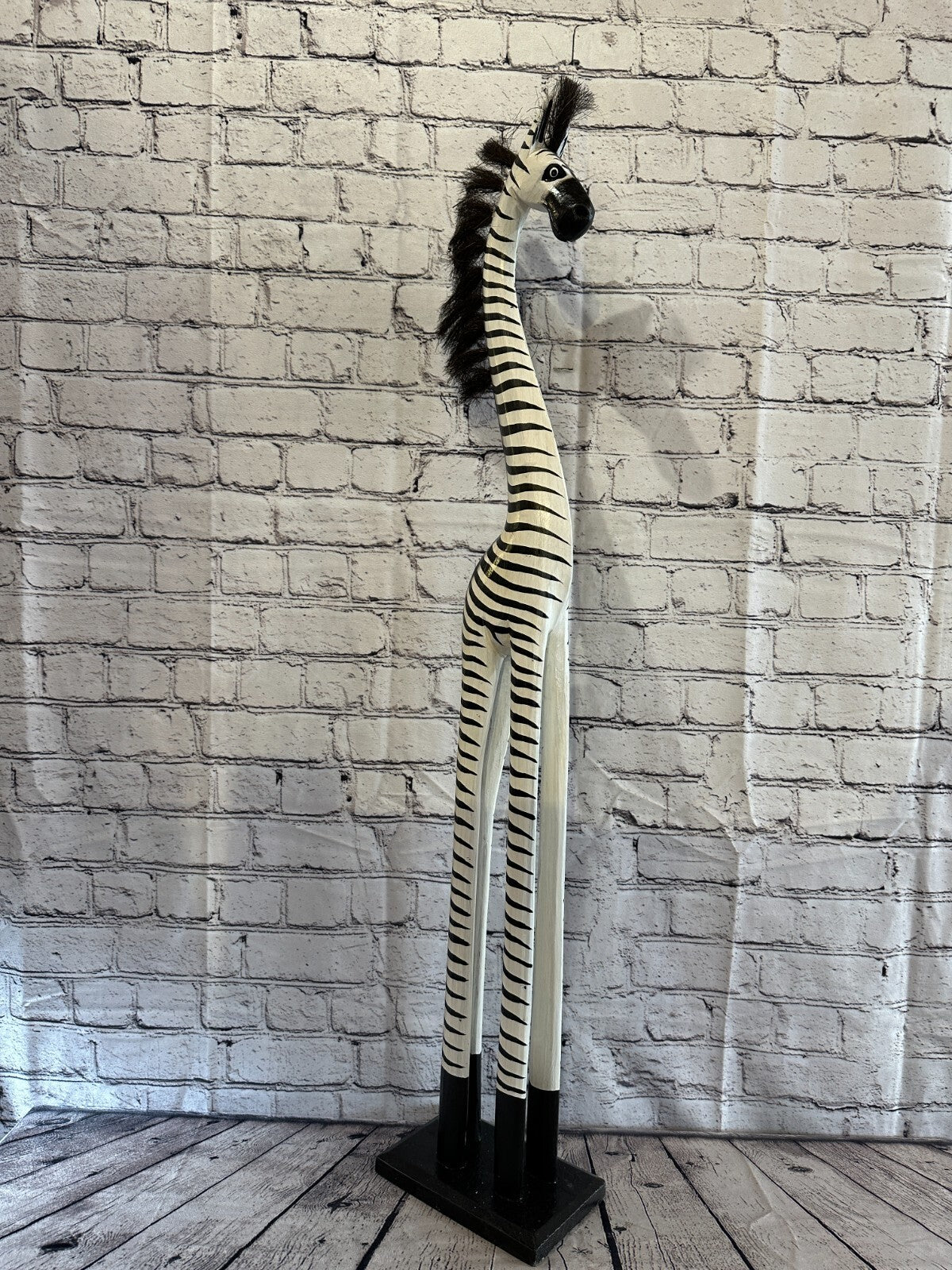 100cm White Black Painted Wood Zebra Tall Statue Wood Modern Hand Carved Painted