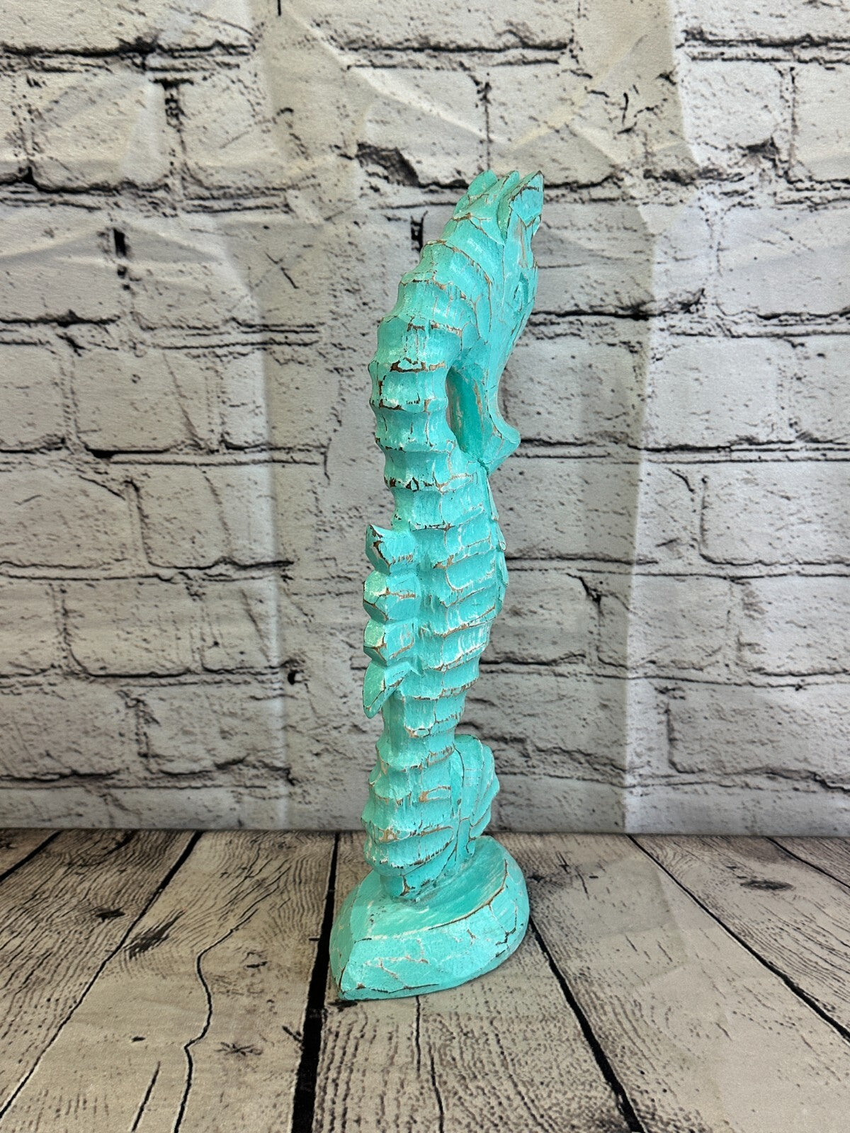 30cm Green Plain Wooden Shabby Seahorse Statue Ornament Fair Trade Handcarved