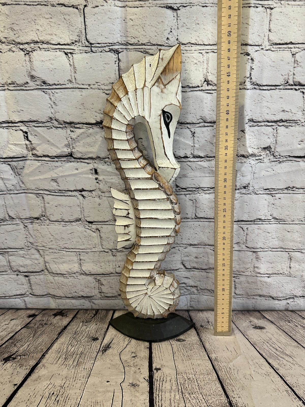 50cm White Brown Wooden Shabby Seahorse Statue Ornament Fair Trade Handcarved