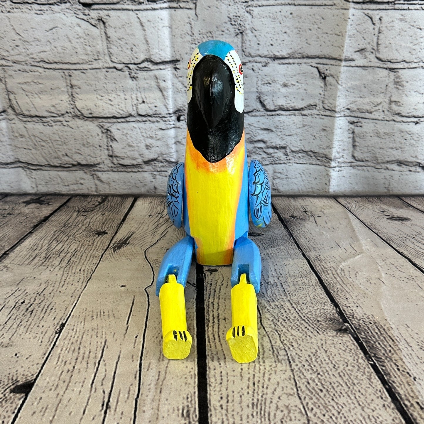 20cm Blue Parrot Sitting Animal, Wooden Shelf Ornament Handmade & Fairtrade