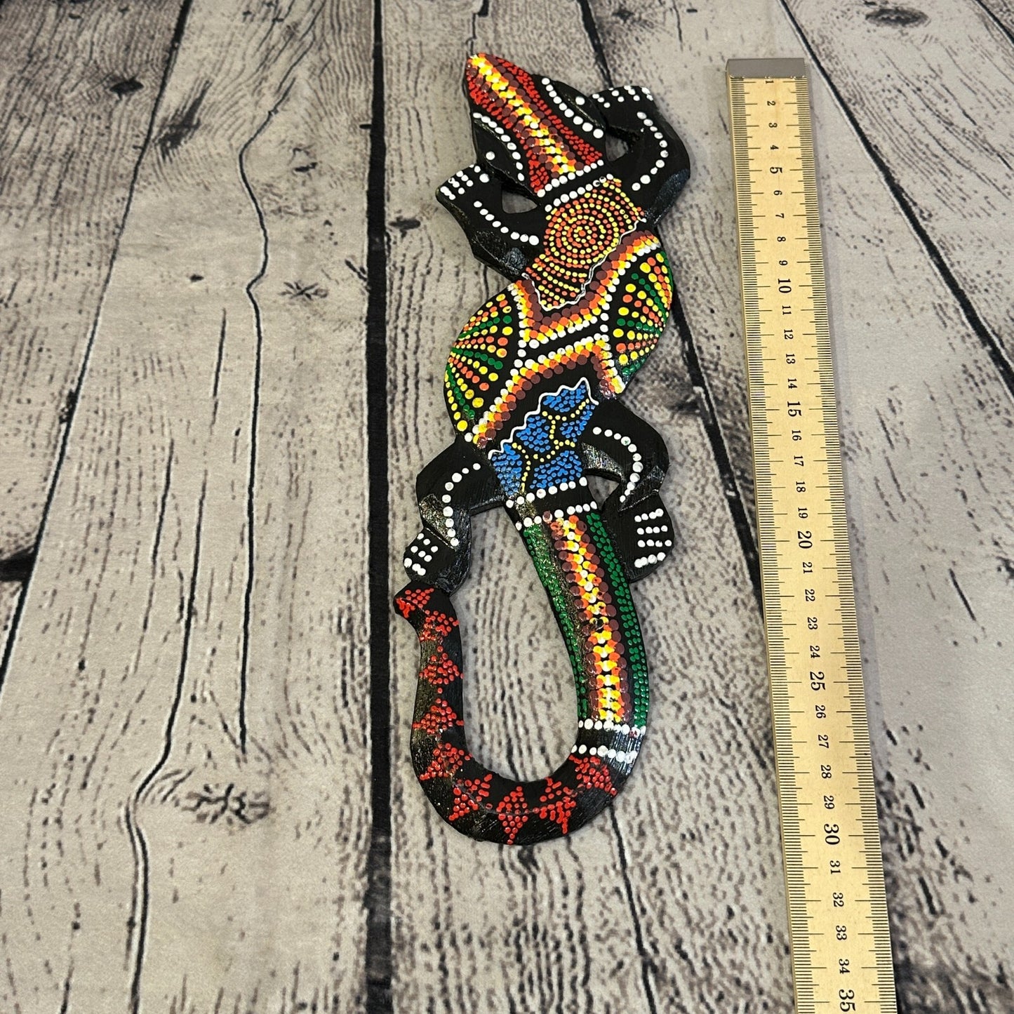 30cm Gecko Carved Wooden Dot Painted Ethnic Tribal Tiki Wall Handmade No 6