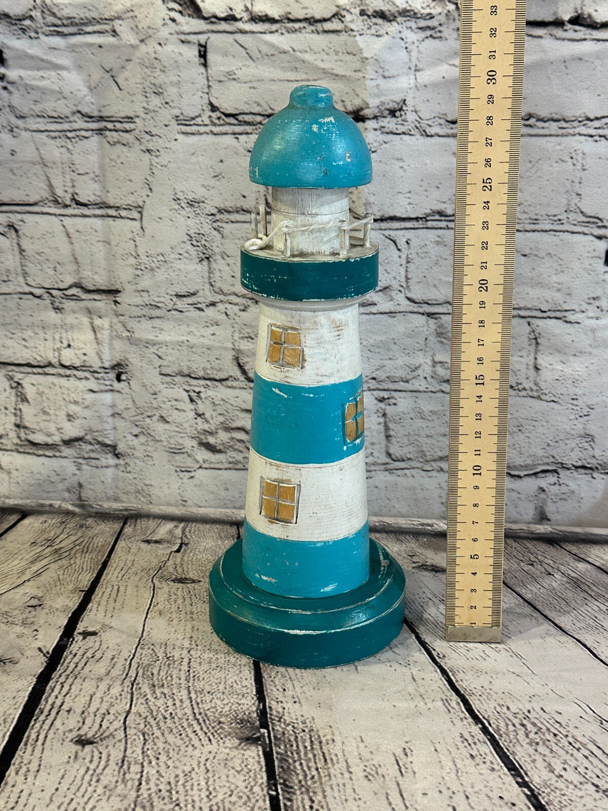 30cm Green White Wooden Lighthouse Ornament Nautical Coastal Sculpture Statue
