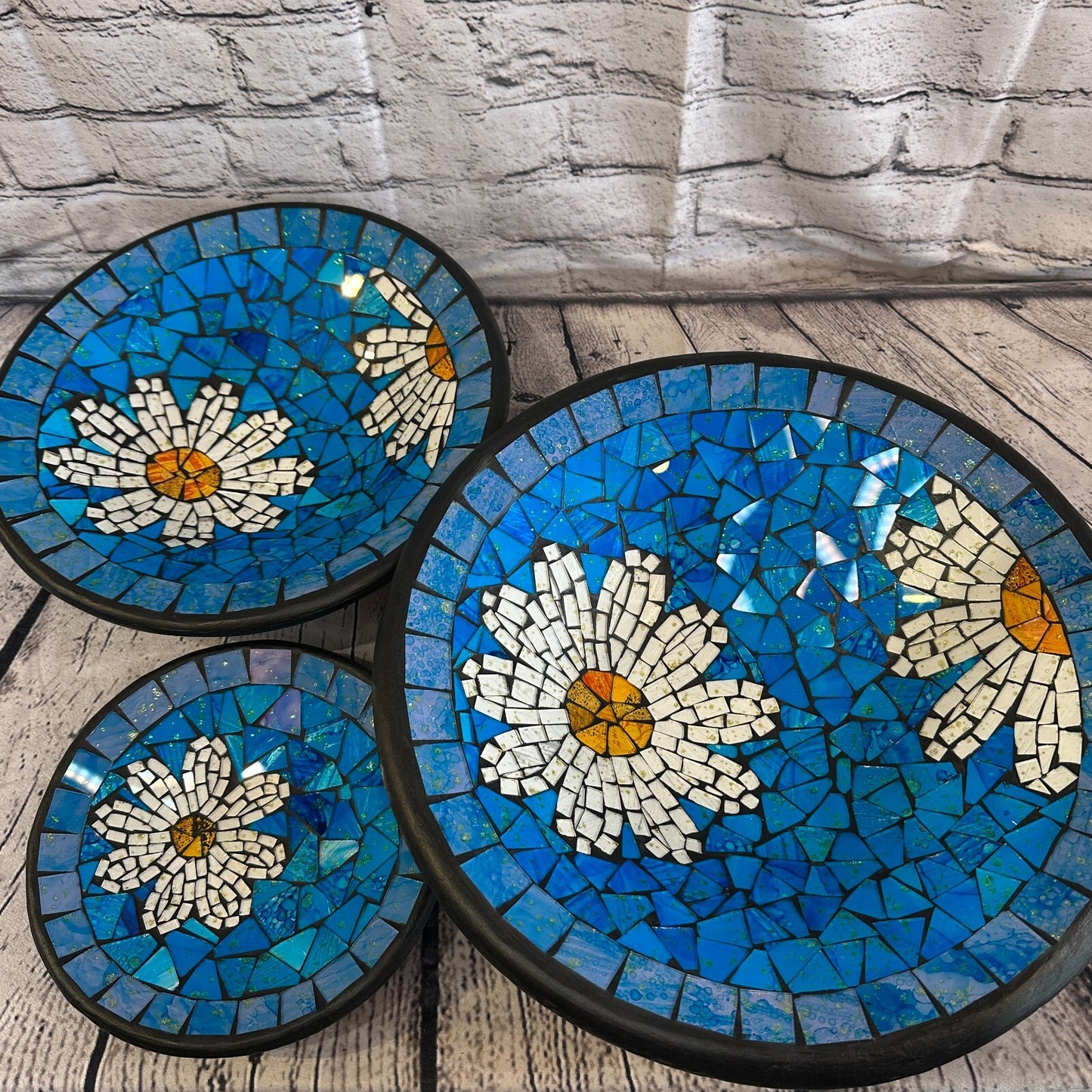 20cm Blue Daisy Flower Round Mosaic Handmade Ceramic Glass Tile Bowl Fruit