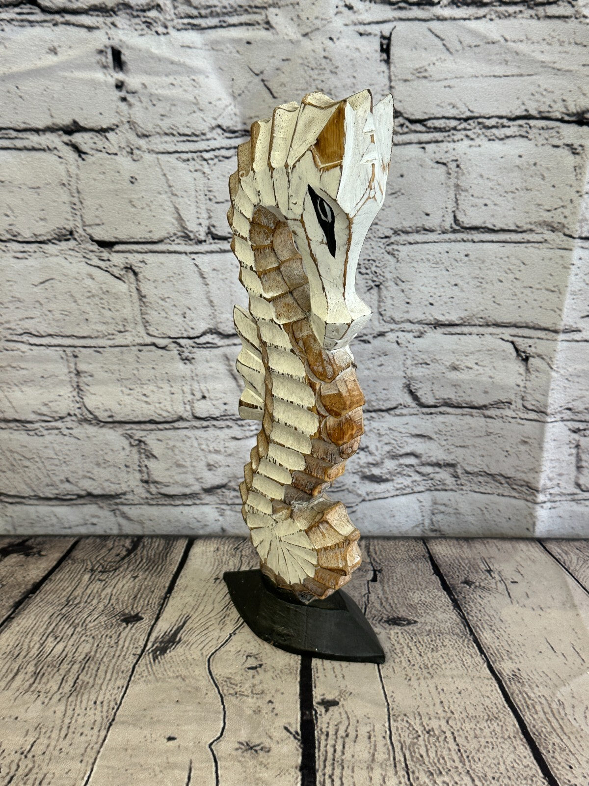 30cm White Brown Wooden Shabby Seahorse Statue Ornament Fair Trade Handcarved