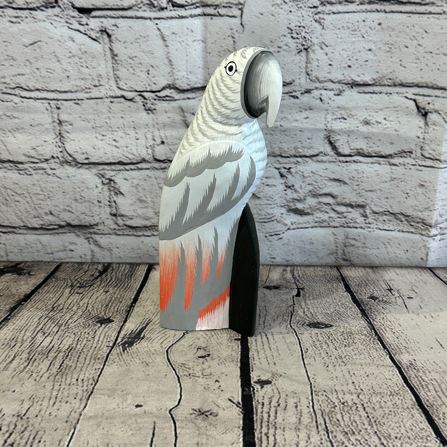 20cm Grey Parrot Bird Ornament Statue Fair Trade Hand Made Carved Wood