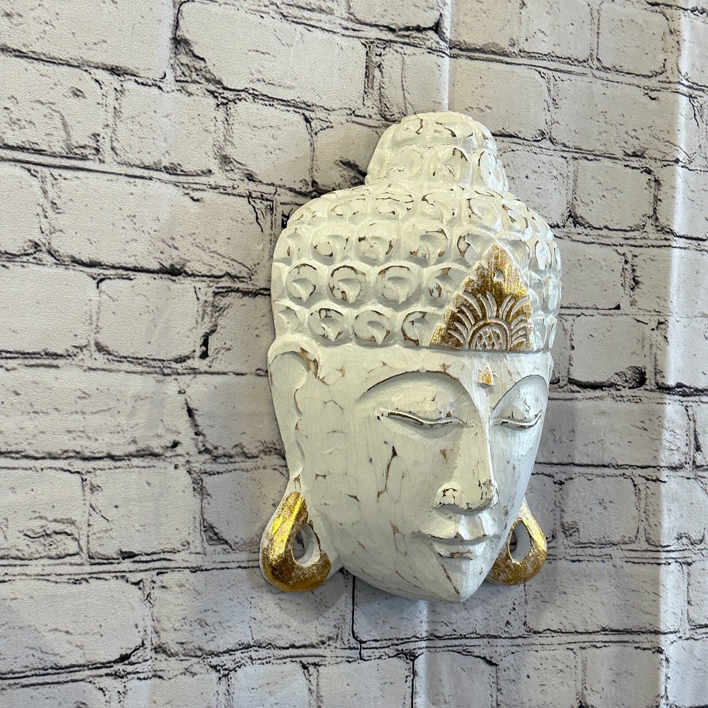 30cm x 20cm White Buddha Head Mask Wooden Hanging Statue Figurine Ornament