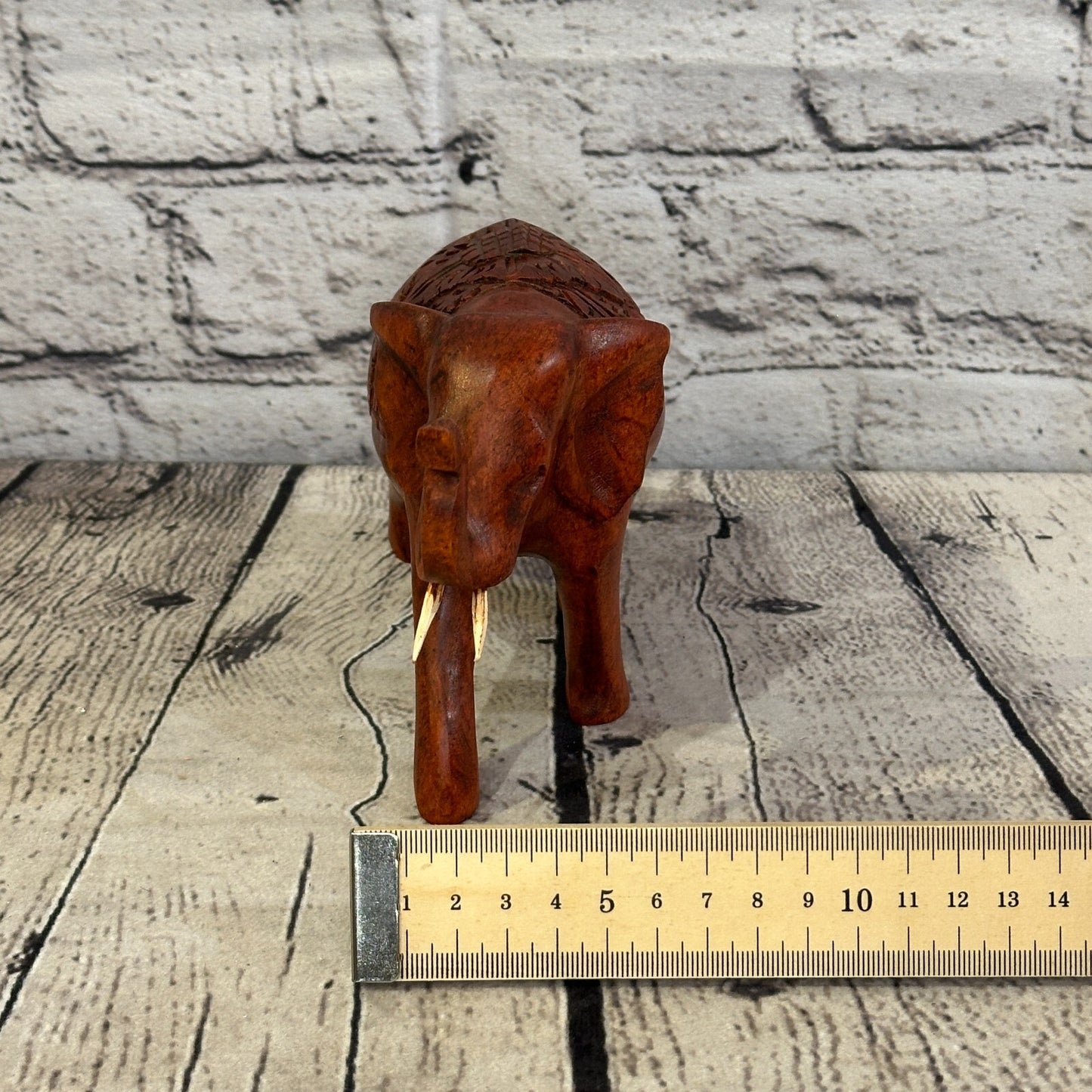 15cm x 10cm Carved Wooden Baby Elephant Wood Brown Sculpture Retro Handmade