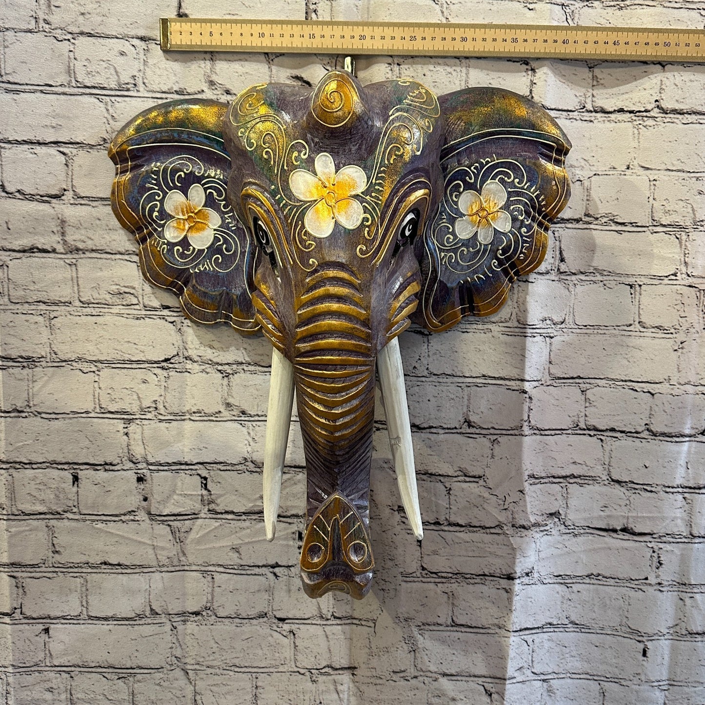 50cm x 45cm Purple Flower Painted Wood Elephant Head Wall Mounted Art Shabby